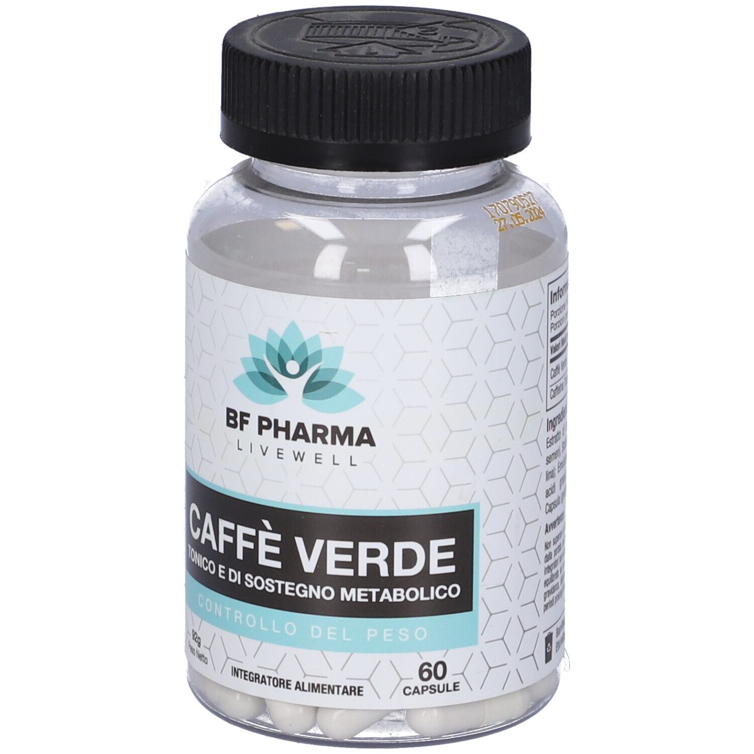 Flacone trasparente con tappo nero. Contiene capsule. Scritta: Caffe Verde, Tonico e di Sostegno Metabolico, 60 Capsule. Etichetta.
