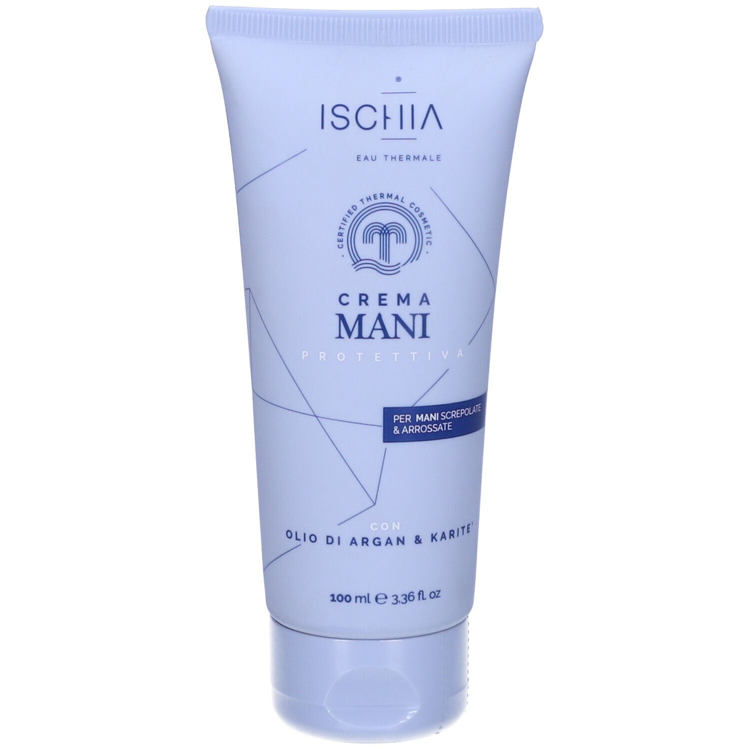 Tubo blu chiaro con testo bianco. Visibili "ISCHIA" e "CREMA MANI". Logo di certificazione.