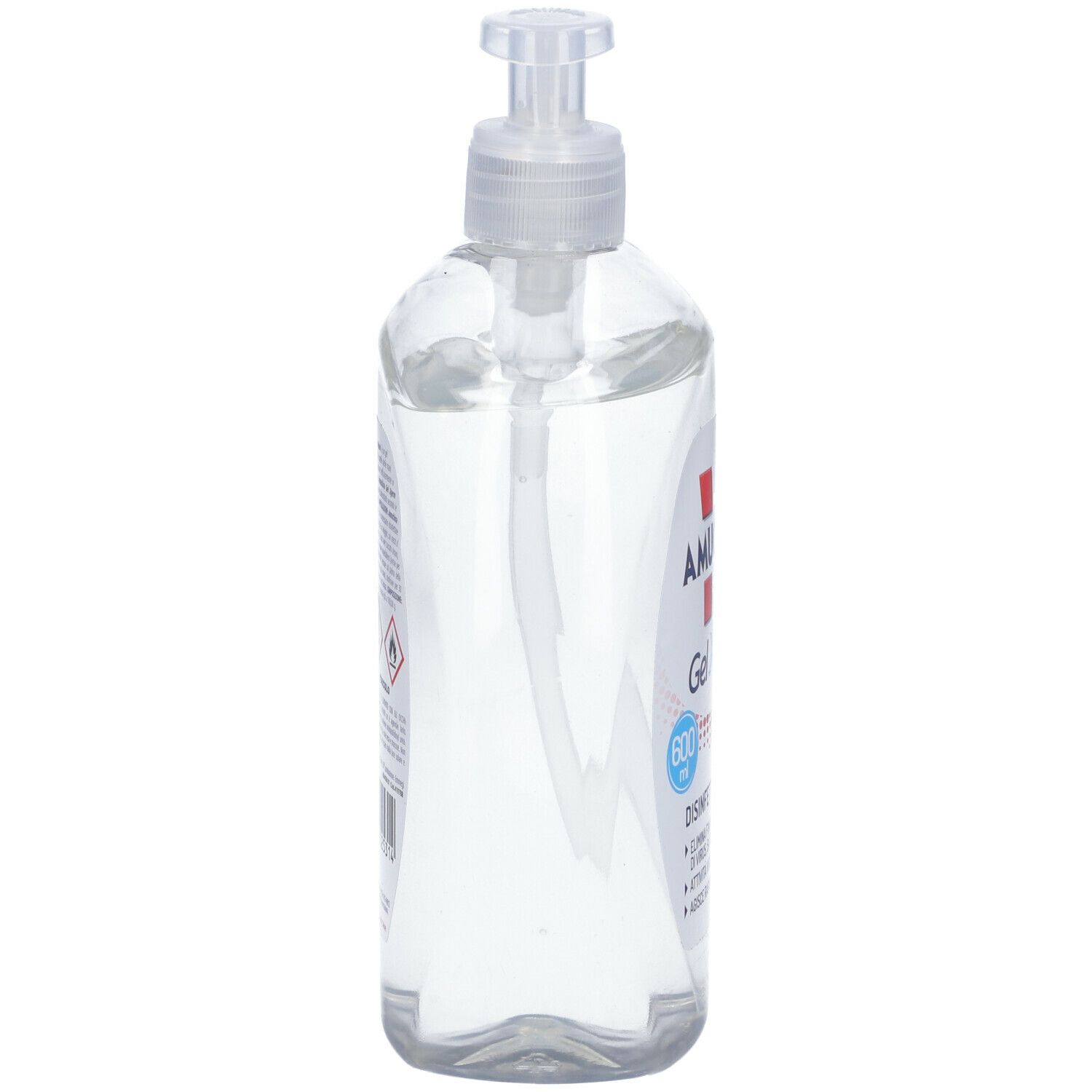 Flacone trasparente AMUCHINA Gel Xgerm con dispenser bianco. Etichette laterali con testo e simboli.