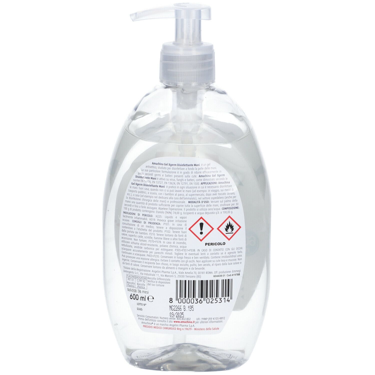 Retro del flacone trasparente AMUCHINA Gel Xgerm. Etichetta con testo, simboli di avvertimento e codice a barre.
