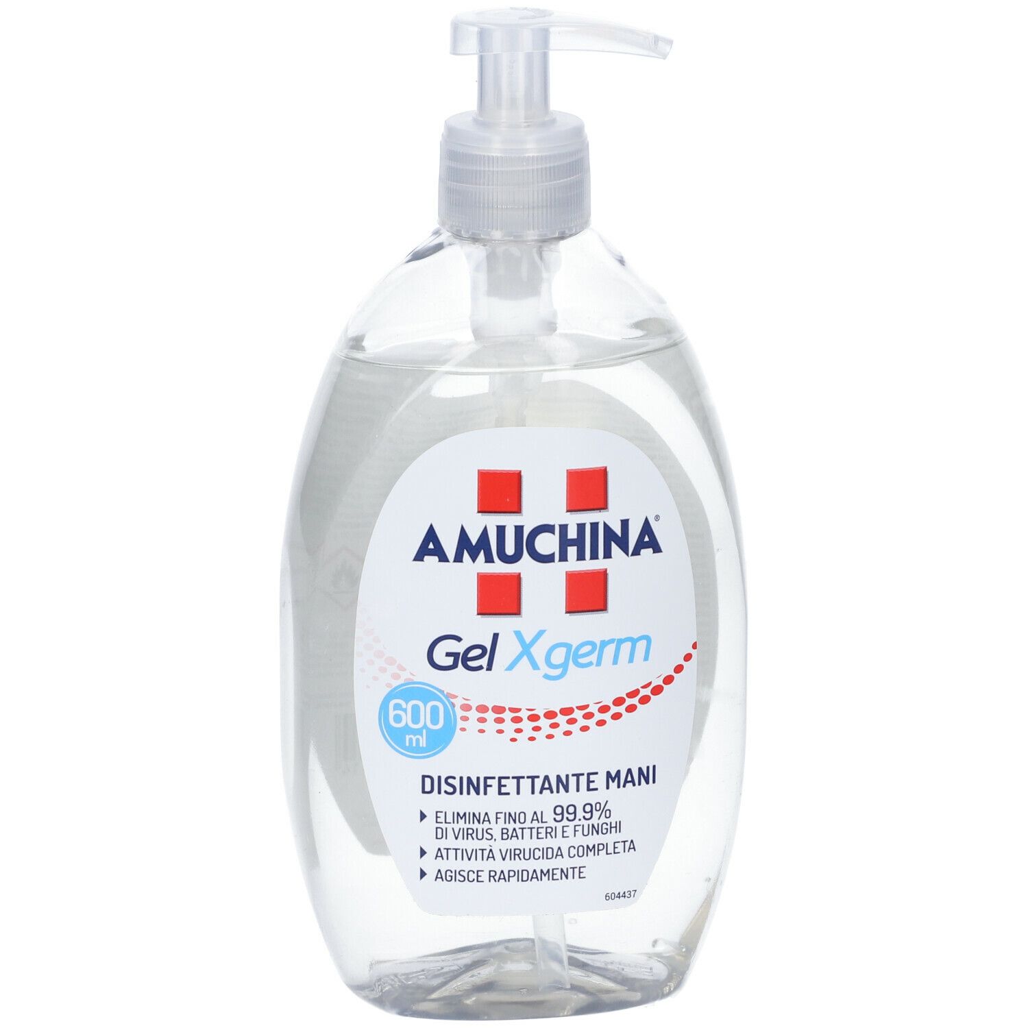 Flacone trasparente AMUCHINA Gel Xgerm con dispenser bianco. Scritta: 600 ml, Disinfettante mani.