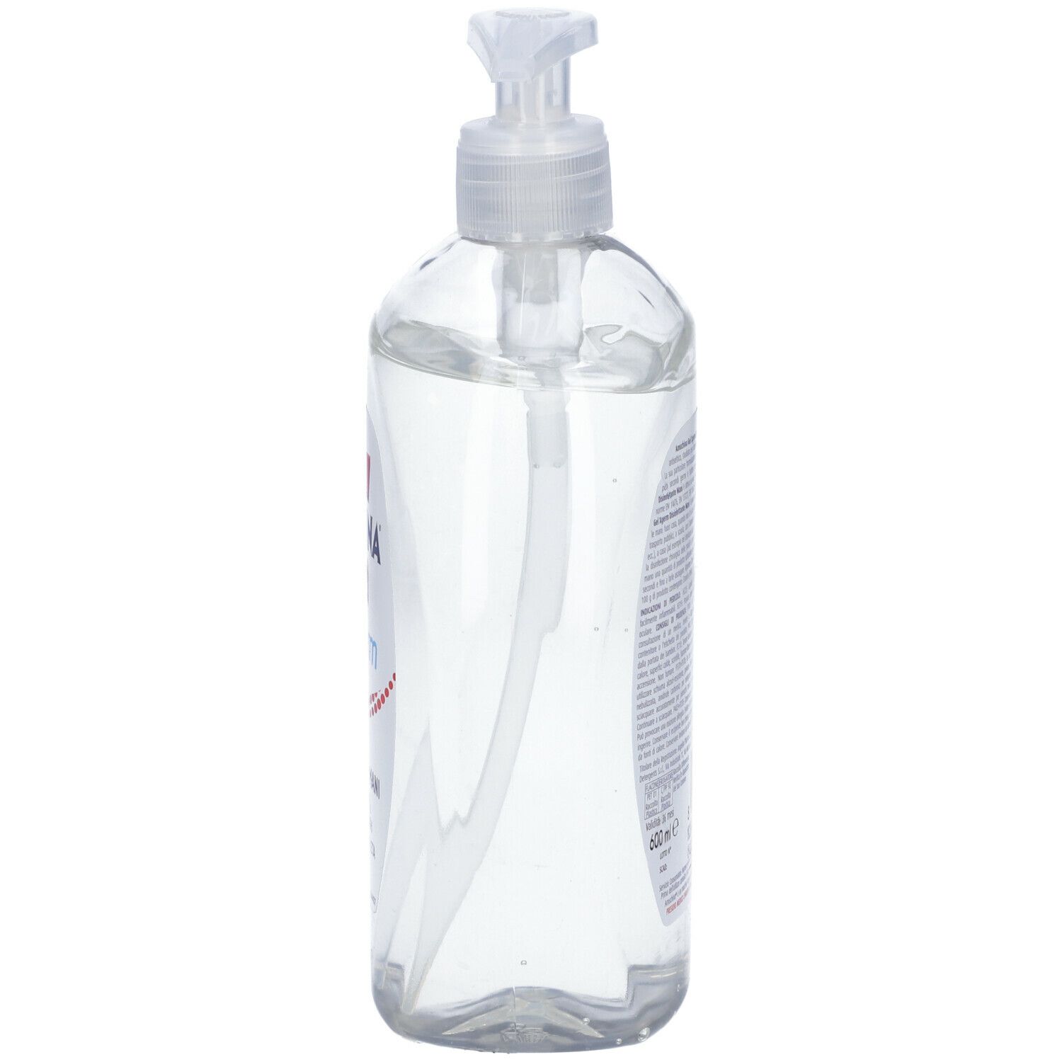 Flacone trasparente AMUCHINA Gel Xgerm con dispenser bianco. Etichette laterali con testo.