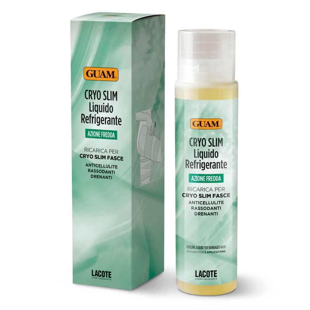 GUAM Cryo Slim Liquido Refrigerante. Flacone e confezione. Testo: Azione Fredda, Ricerca per Cryo Slim Fasce.