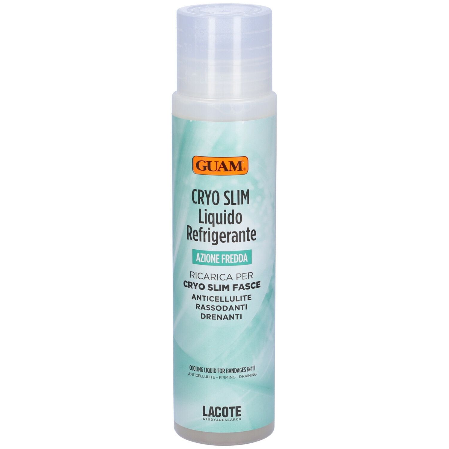 GUAM Cryo Slim Liquido Refrigerante. Flacone con tappo. Testo: Azione Fredda, Ricerca per Cryo Slim Fasce.