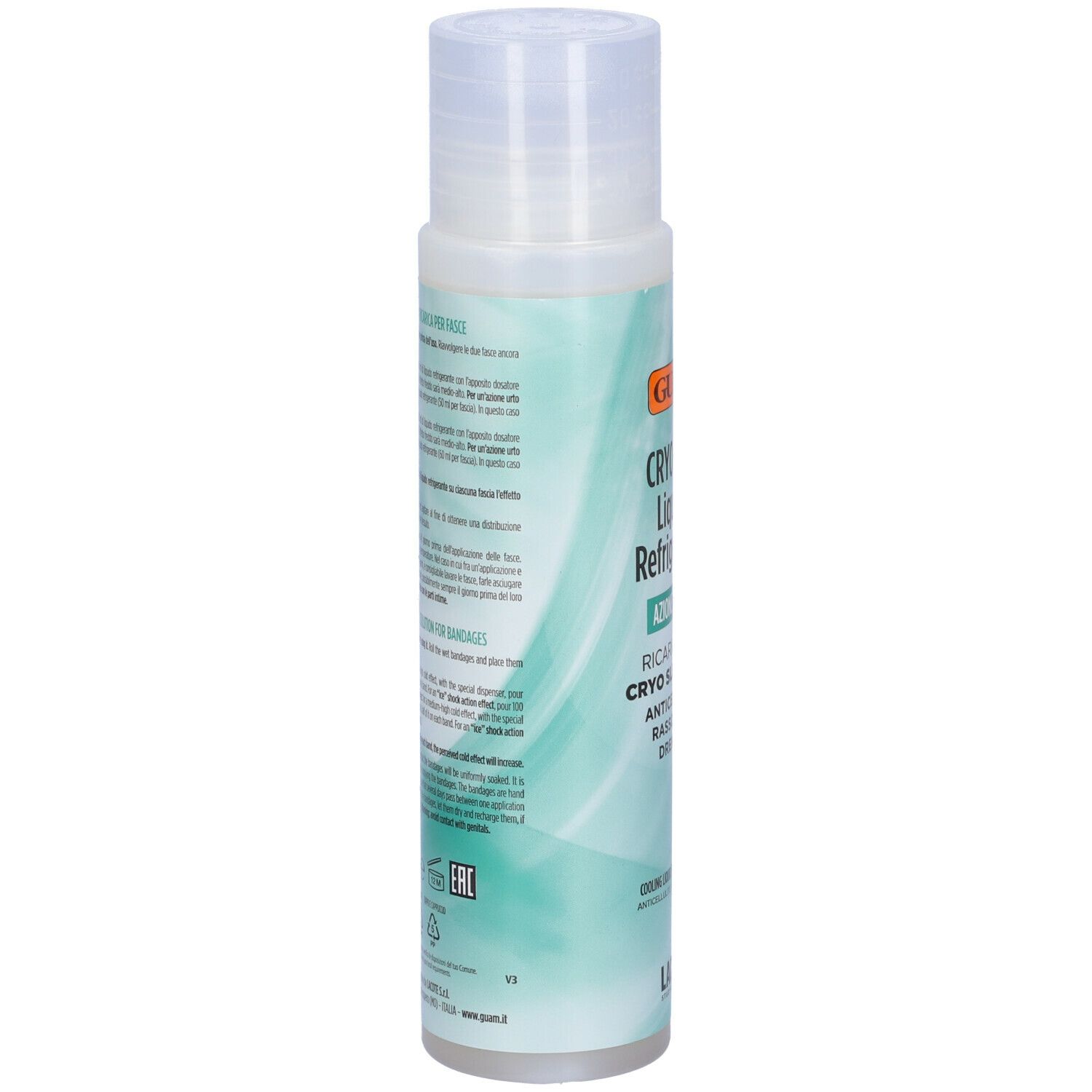 GUAM Cryo Slim Liquido Refrigerante. Flacone, retro. Testo e informazioni. 250 ml.