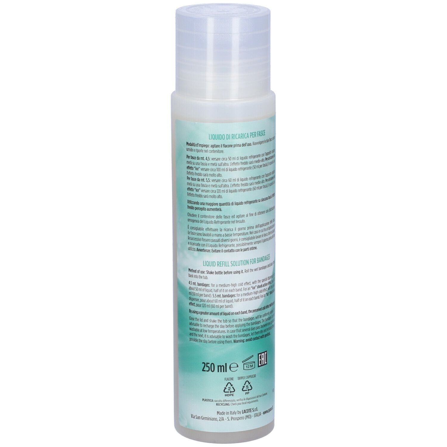 GUAM Cryo Slim Liquido Refrigerante. Flacone, retro. Testo e informazioni. 250 ml.