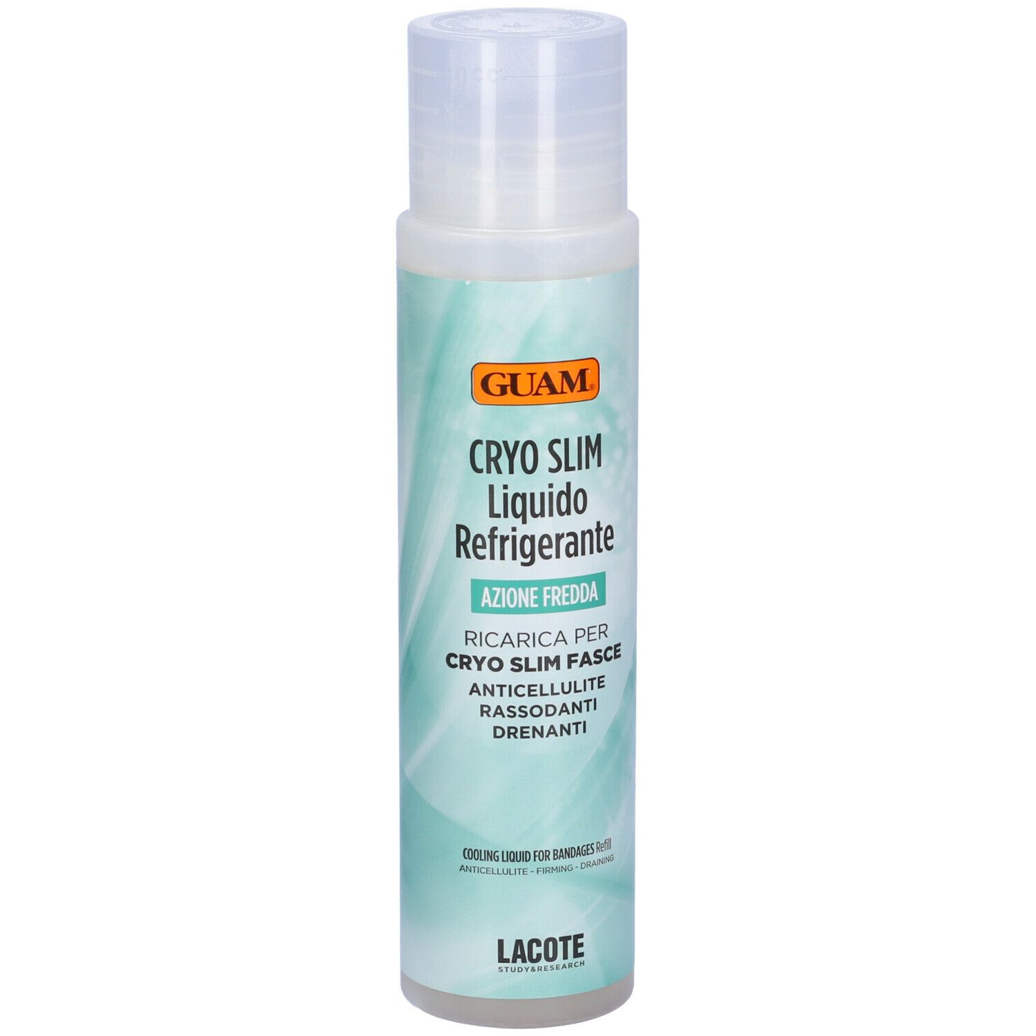 GUAM Cryo Slim Liquido Refrigerante. Flacone con tappo. Testo: Azione Fredda, Ricerca per Cryo Slim Fasce.
