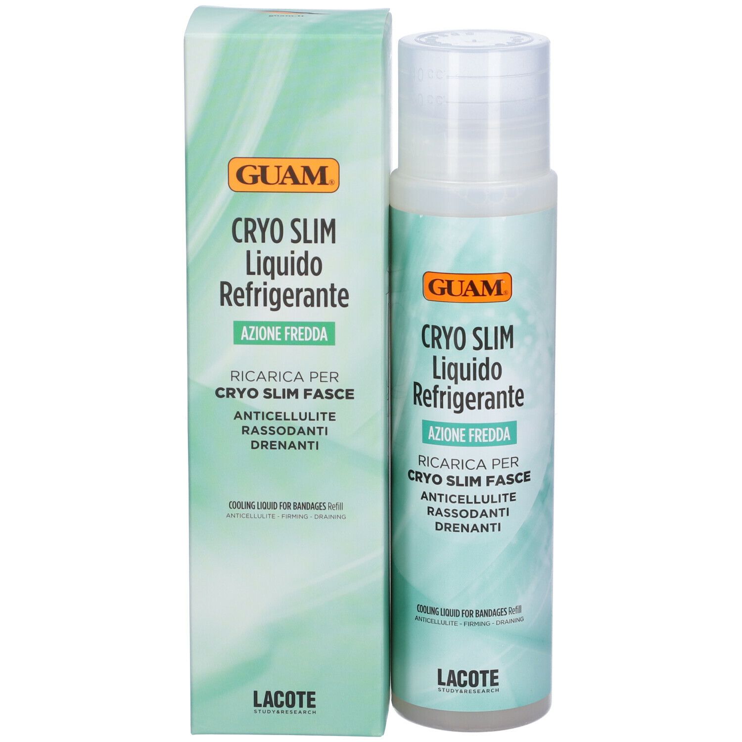 GUAM Cryo Slim Liquido Refrigerante. Flacone e confezione. Testo: Azione Fredda, Ricerca per Cryo Slim Fasce.