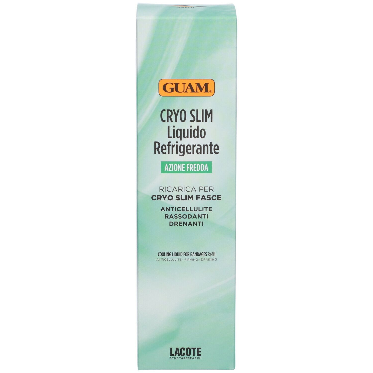 GUAM Cryo Slim Liquido Refrigerante. Confezione. Testo: Azione Fredda, Ricerca per Cryo Slim Fasce.