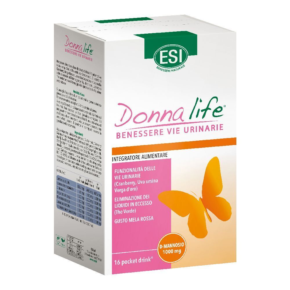 ESI Donna Life, integratore per vie urinarie. Confezione da 16 pocket drink. Contiene D-mannosio.