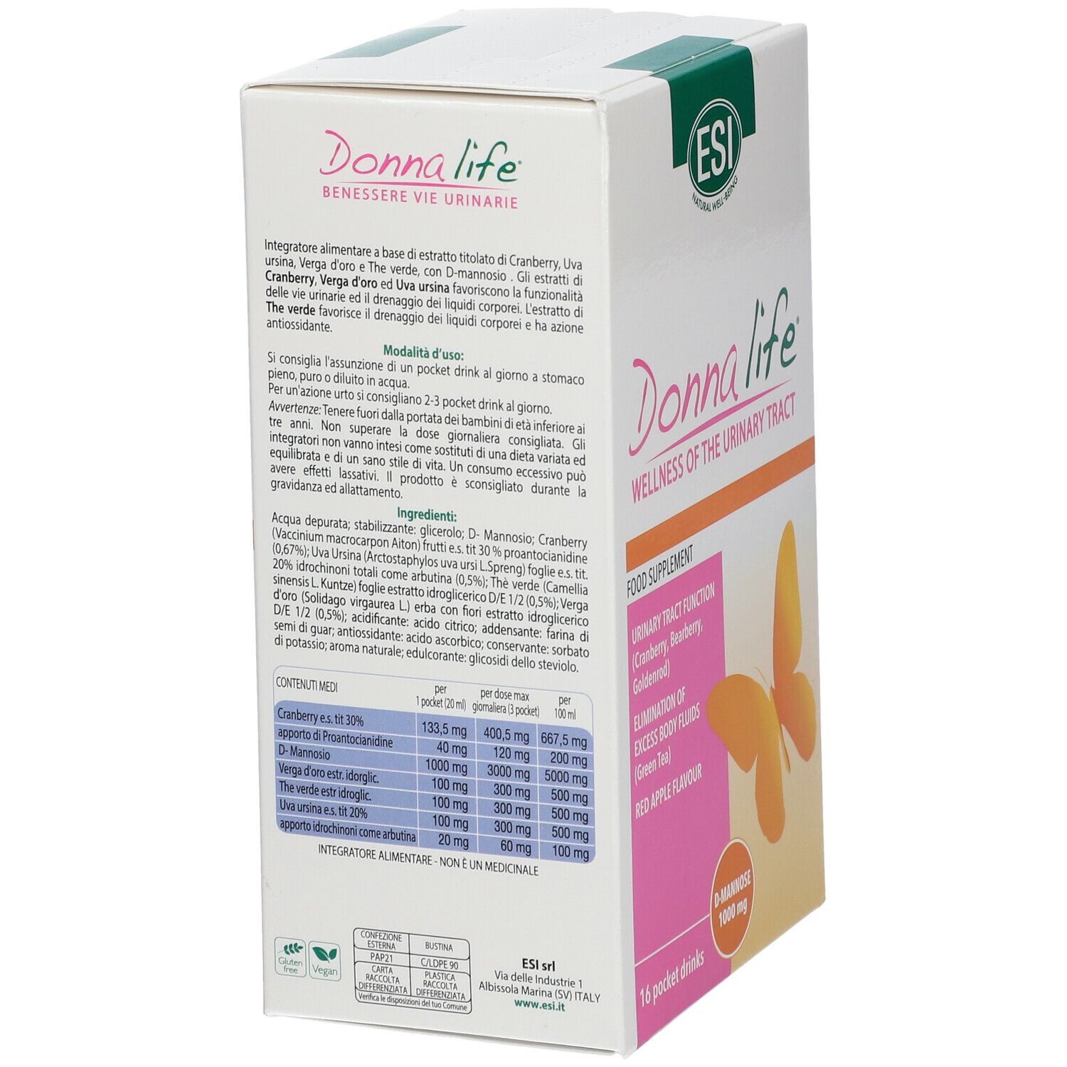 ESI Donna Life, integratore per vie urinarie. Confezione da 16 pocket drink. Contiene D-mannosio.