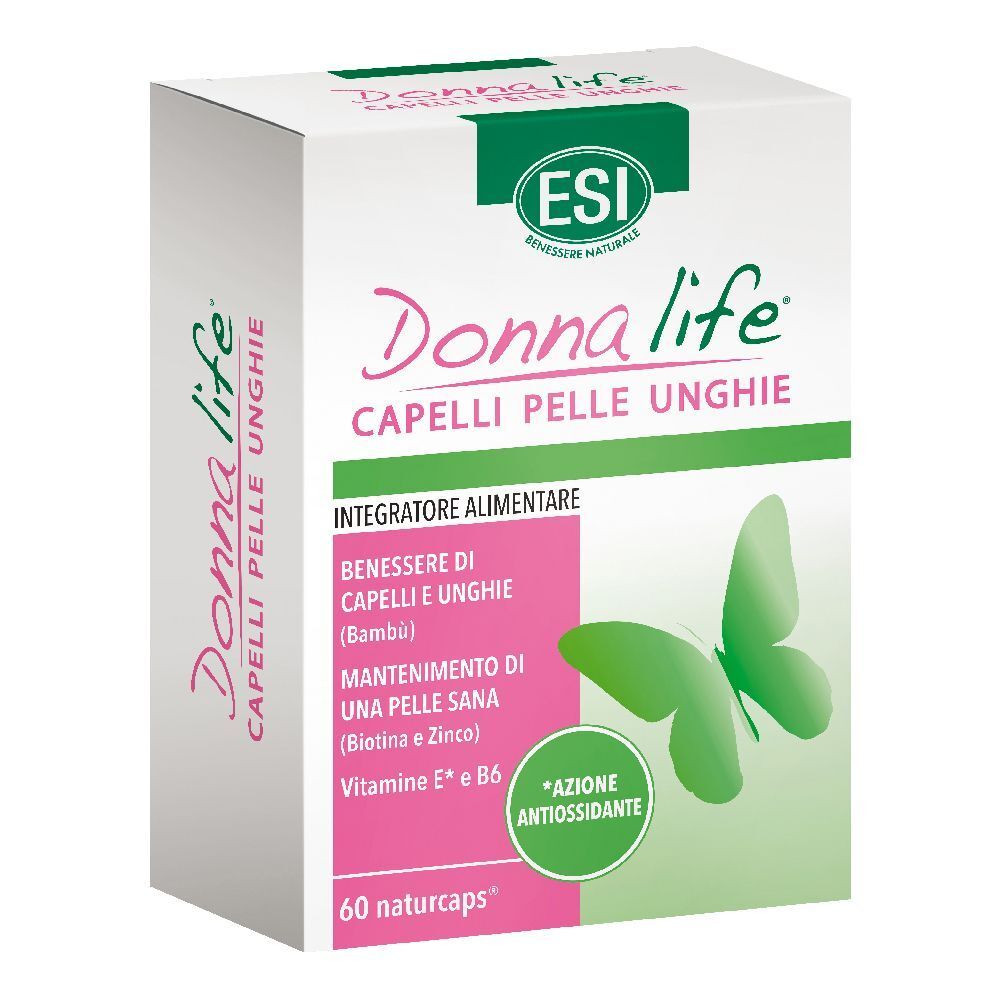 Scatola bianca con nome del prodotto e farfalla verde. Testo: Capelli Pelle Unghie, 60 Naturcaps.
