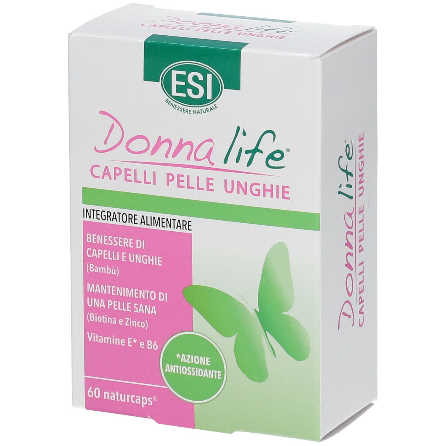 Scatola bianca con nome del prodotto e farfalla verde. Testo: Capelli Pelle Unghie, 60 Naturcaps.