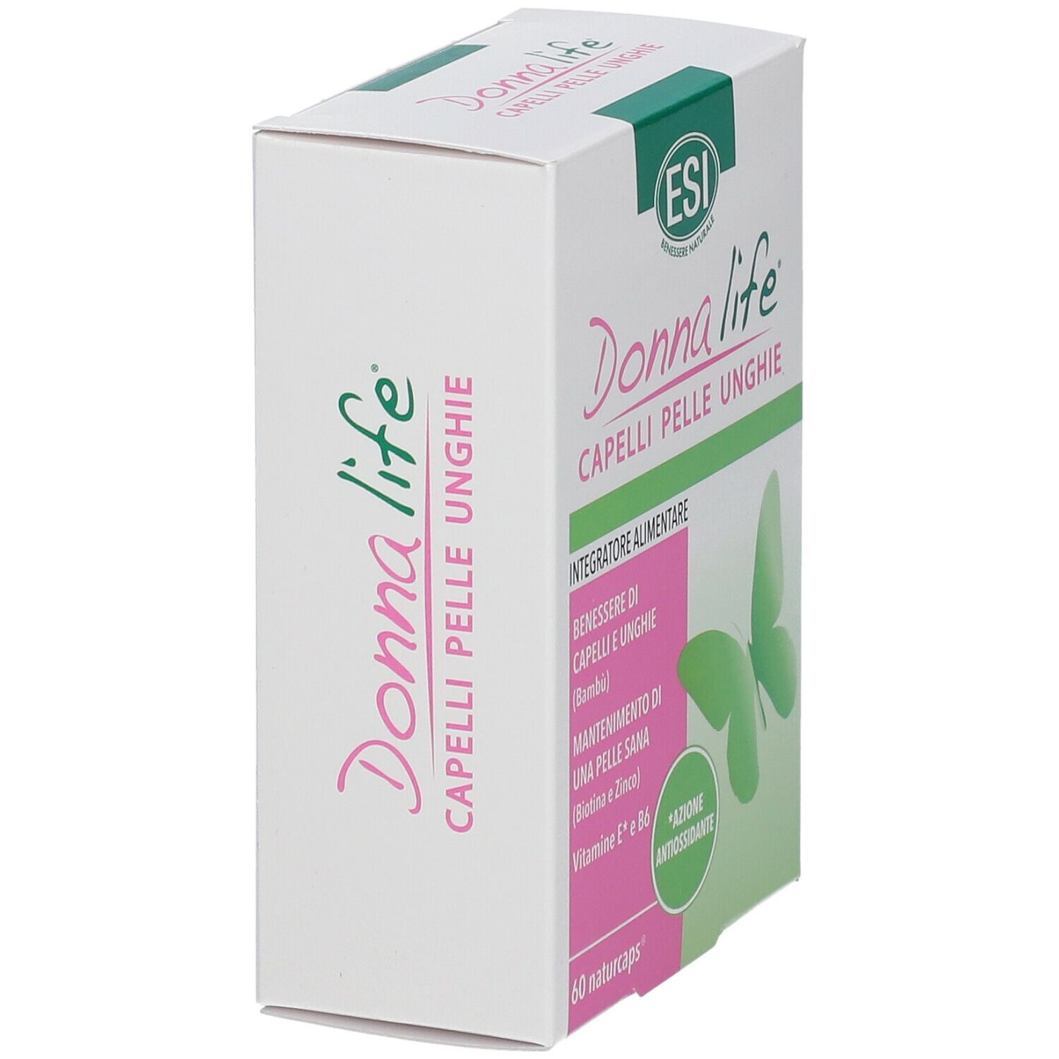 Scatola bianca con nome del prodotto e farfalla verde. Testo: Capelli Pelle Unghie, 60 Naturcaps.