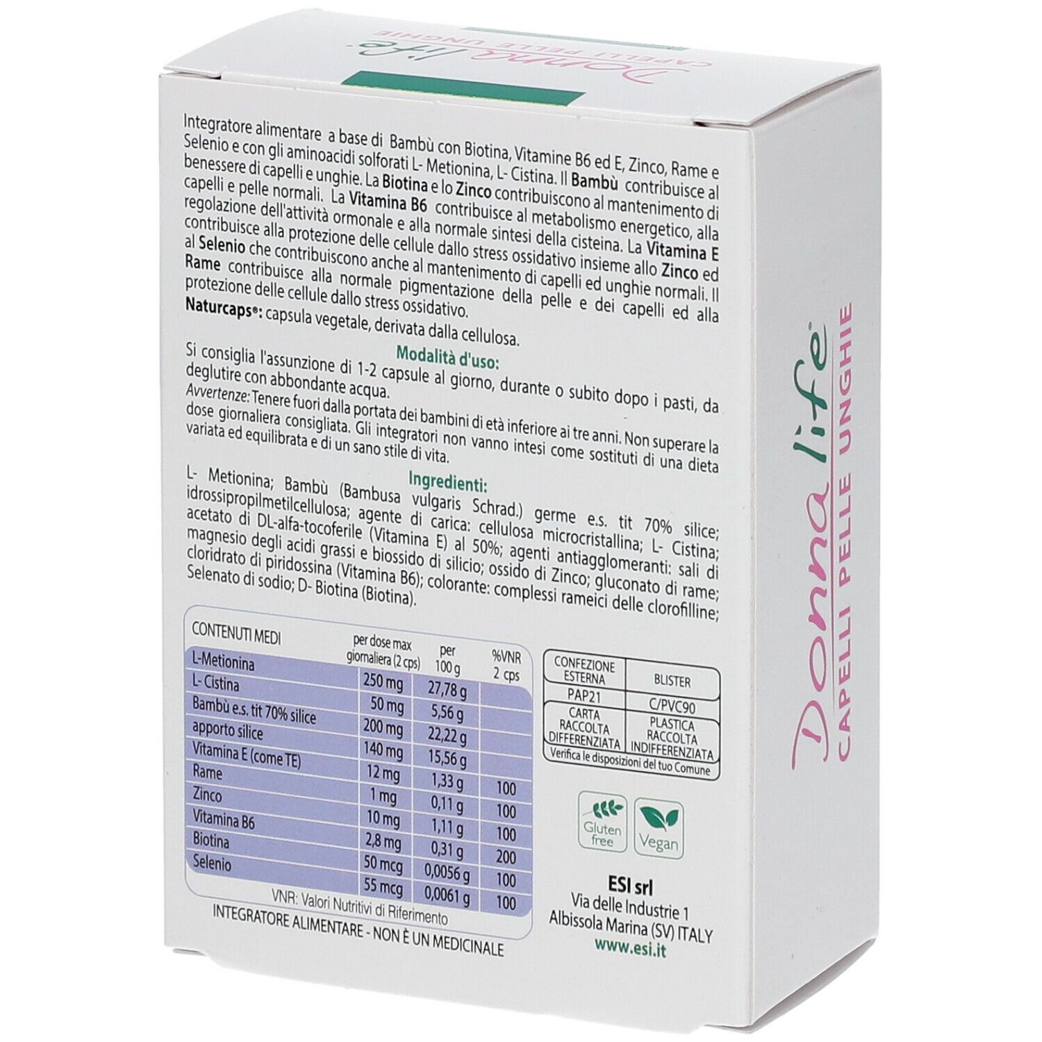 Scatola bianca, retro con testo e ingredienti. Testo: Donna Life Capelli Pelle Unghie, ESI.