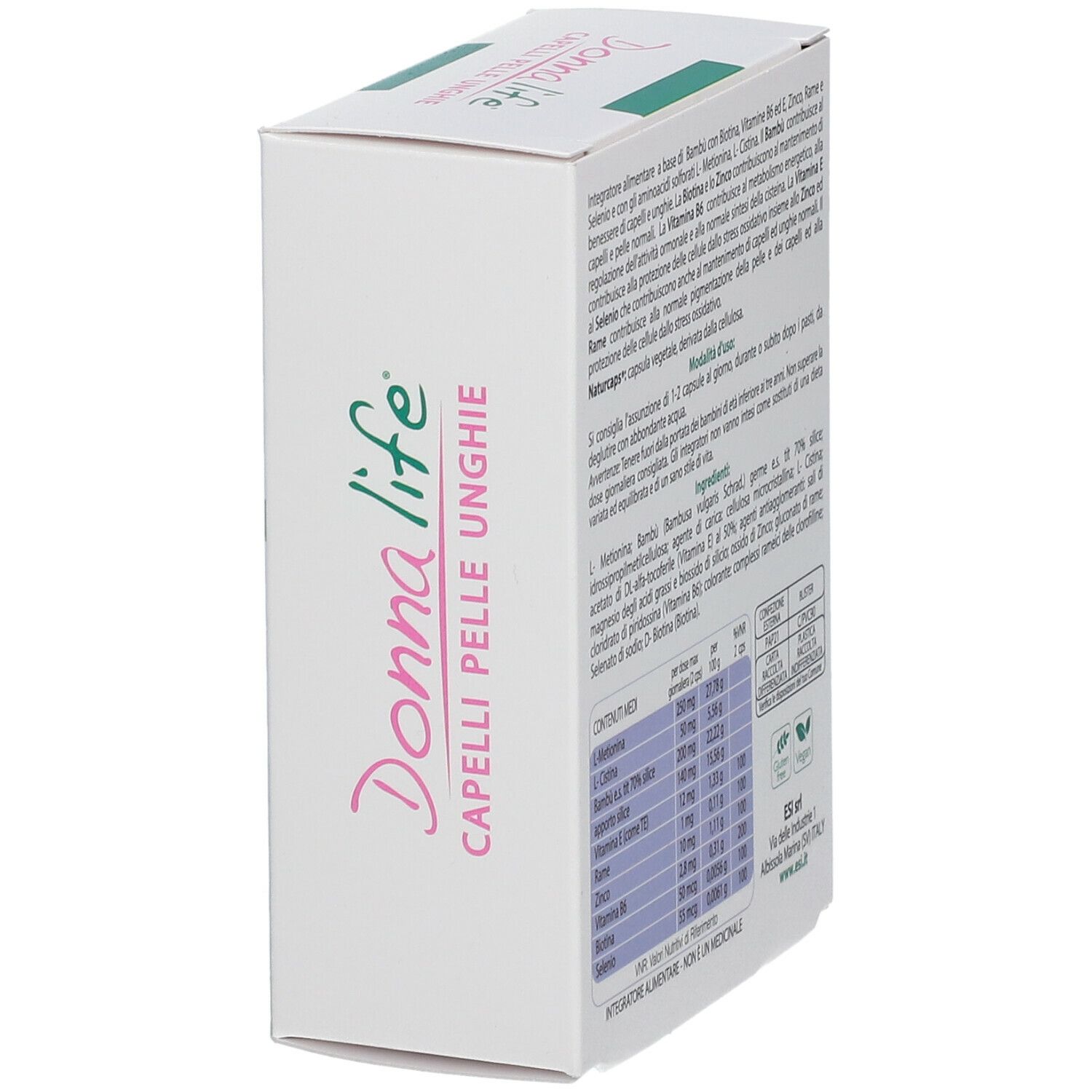 Scatola bianca, retro con testo e ingredienti. Testo: Donna Life Capelli Pelle Unghie, ESI.