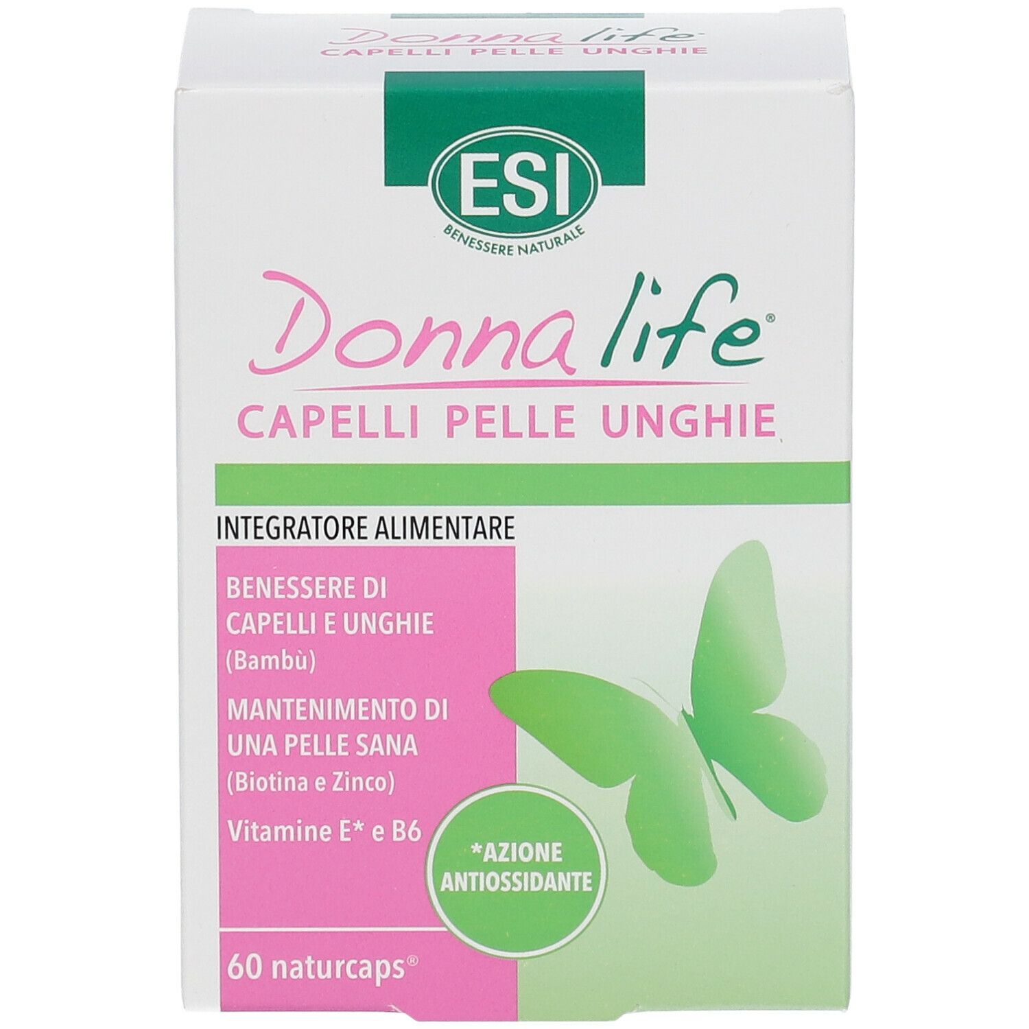 Scatola bianca con nome del prodotto e farfalla verde. Testo: Capelli Pelle Unghie, 60 Naturcaps.
