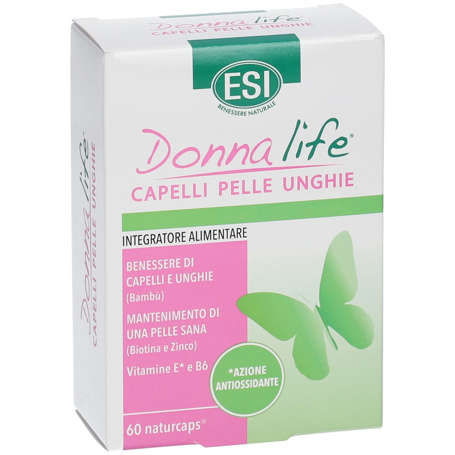 Scatola bianca con nome del prodotto e farfalla verde. Testo: Capelli Pelle Unghie, 60 Naturcaps.