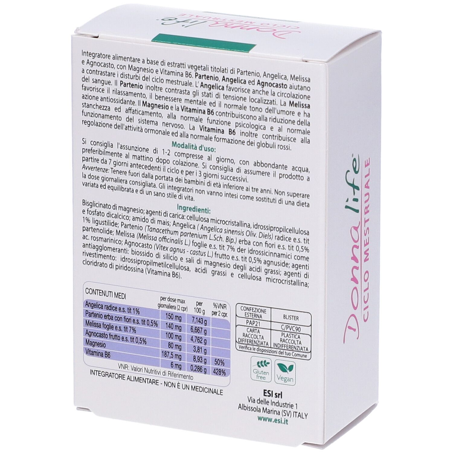 Rückseite der weißen Schachtel Donna Life Ciclo Mestruale. Text über Inhaltsstoffe, Anwendung und Nährwertangaben. Glutenfrei.