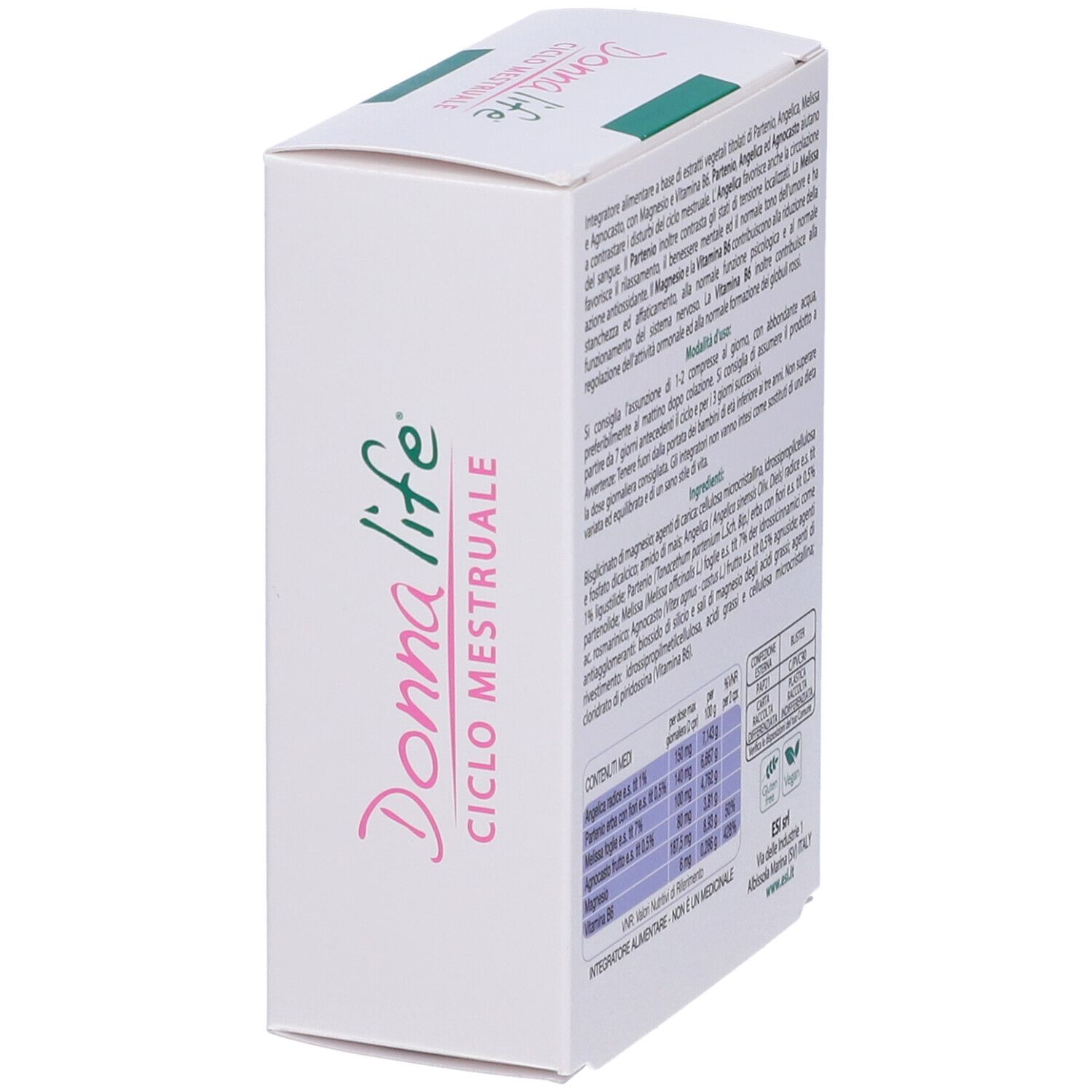 Weiße Schachtel Donna Life Ciclo Mestruale. Rückseite mit Text über Inhaltsstoffe und Nährwertangaben. ESI Logo.