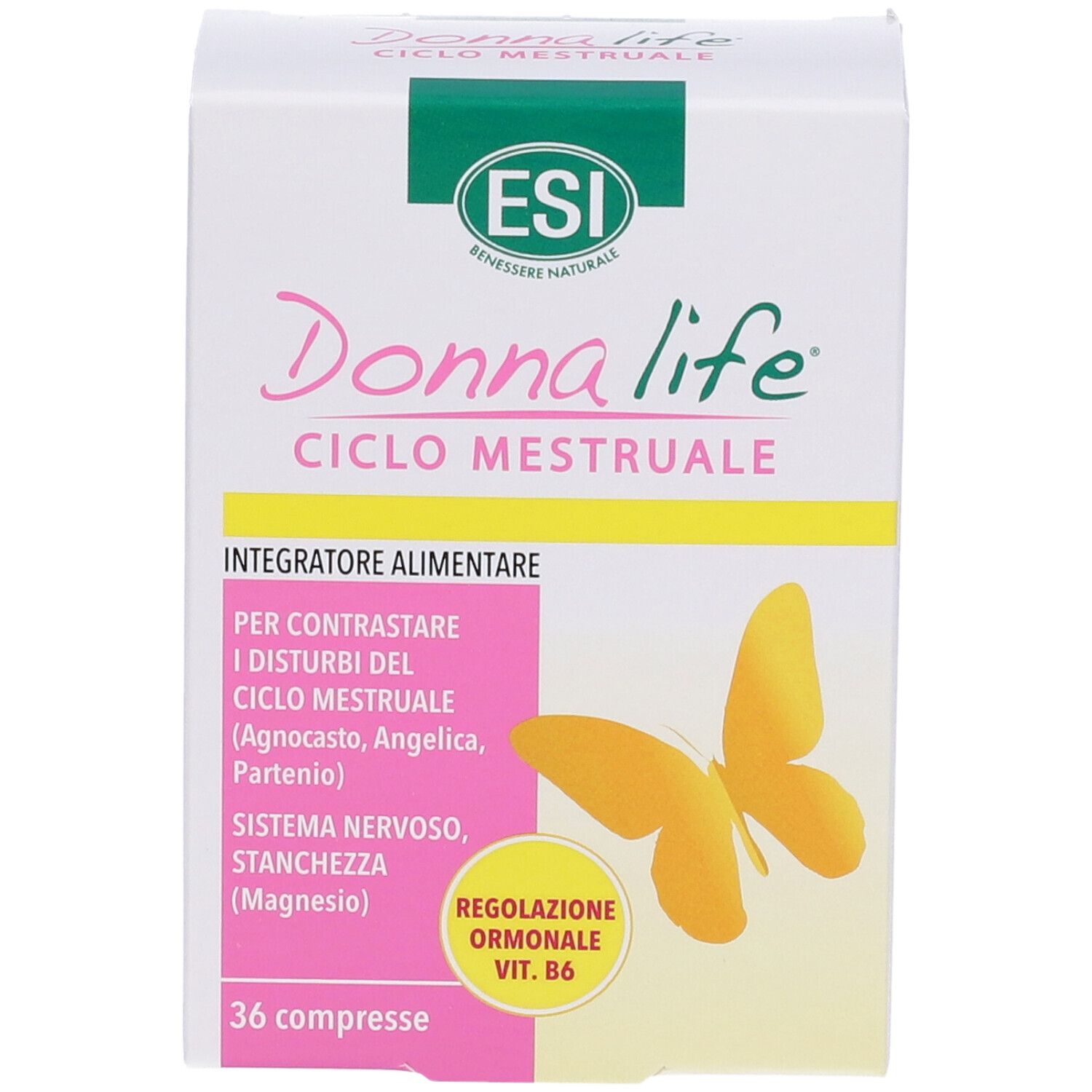 Weiße Schachtel Donna Life Ciclo Mestruale. Produktname, Inhaltsstoffe und gelber Schmetterling. 36 Tabletten.