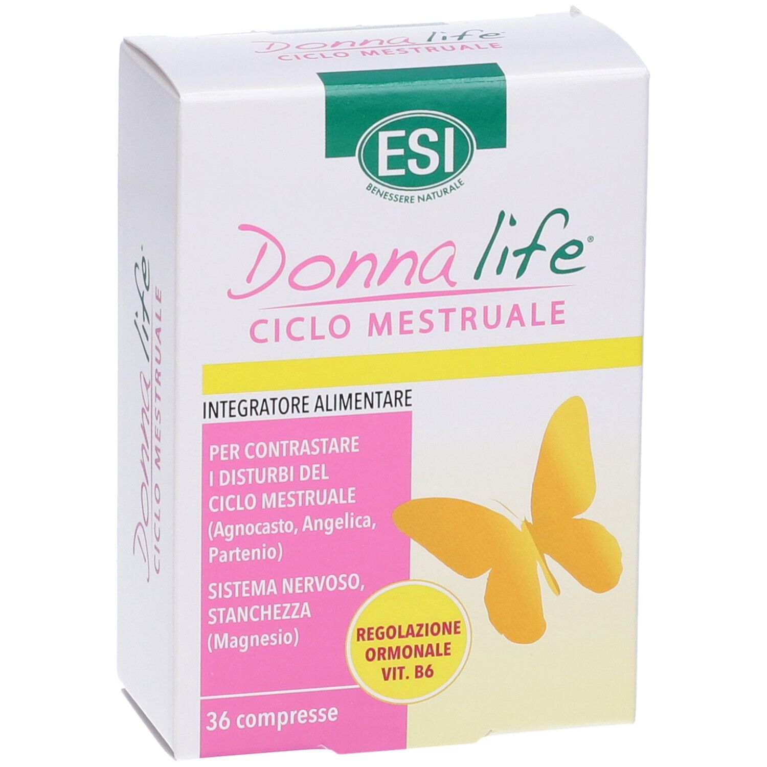 Weiße Schachtel Donna Life Ciclo Mestruale. Produktname, Inhaltsstoffe und gelber Schmetterling. 36 Tabletten.