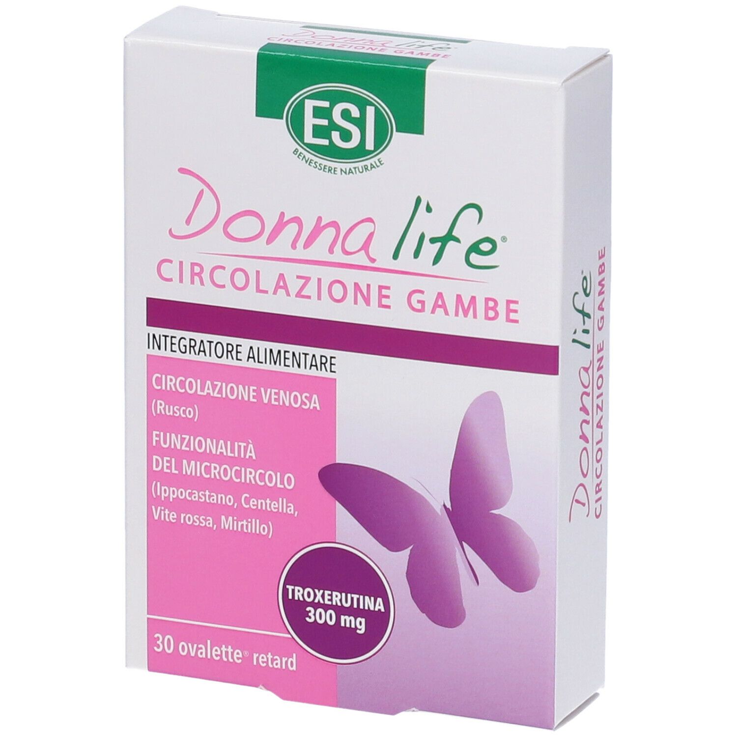 Confezione Donna Life Circolazione Gambe. Design rosa e bianco, logo e dettagli prodotto.