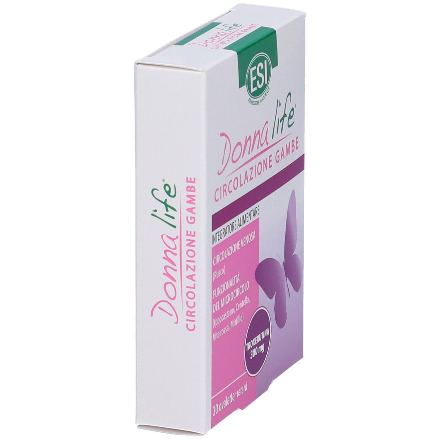 Confezione Donna Life Circolazione Gambe, angolata. Bianco, rosa, verde. Logo e nome prodotto visibili.