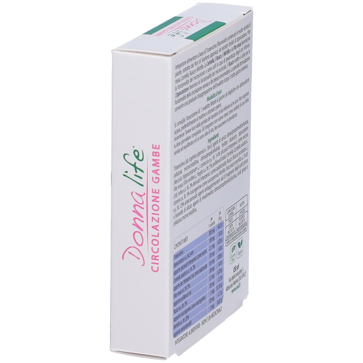 Confezione Donna Life Circolazione Gambe, angolata. Retro con testo e logo. Verde, bianco, rosa.