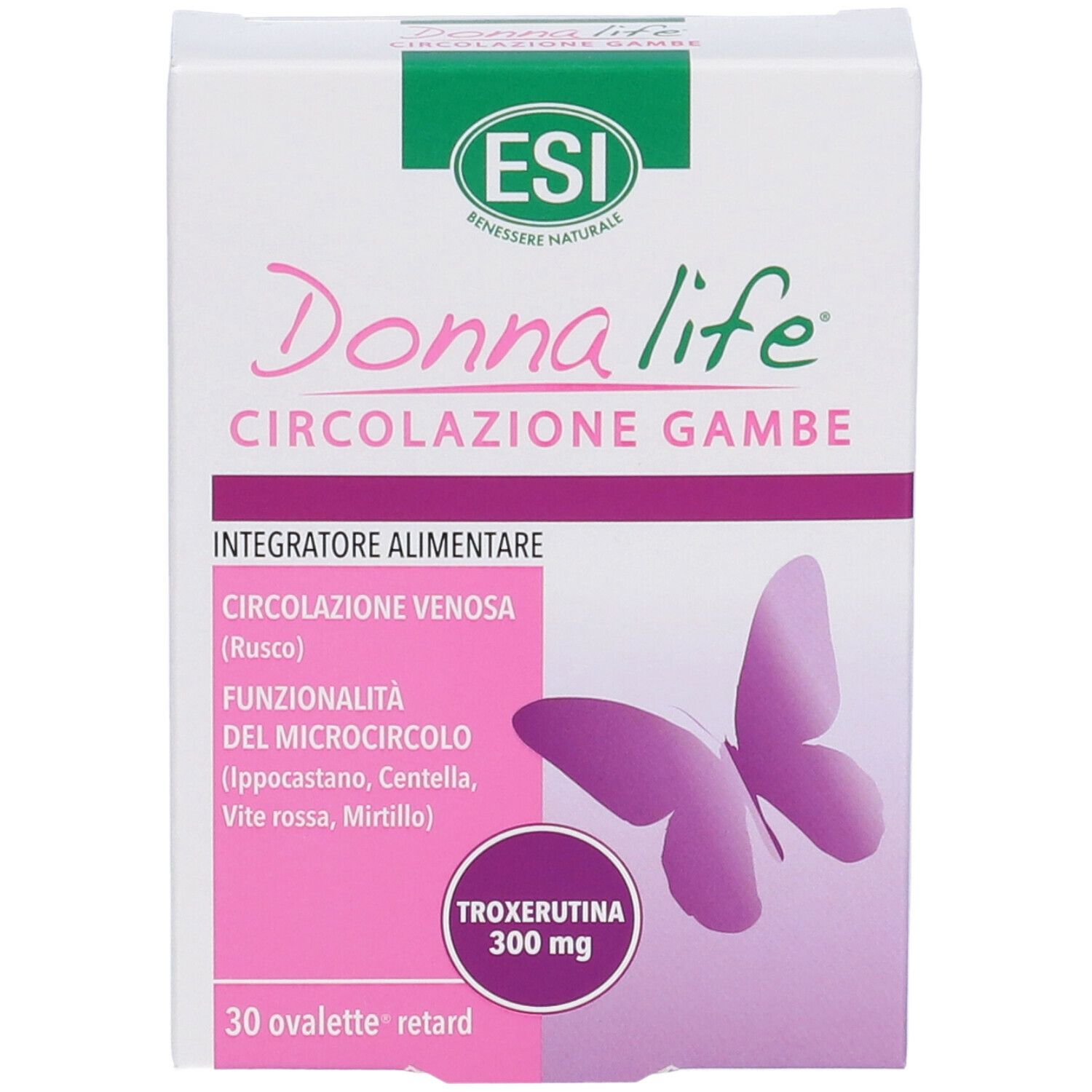 Confezione Donna Life Circolazione Gambe. Design rosa e bianco, logo e informazioni prodotto.
