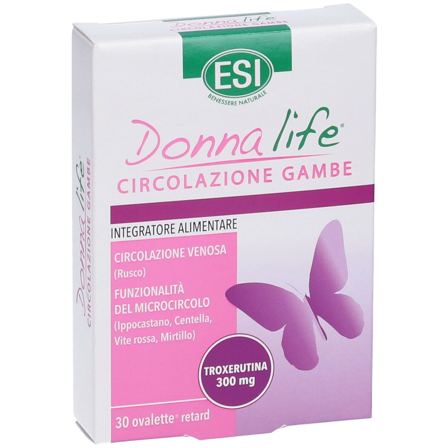 Confezione Donna Life Circolazione Gambe. Design rosa e bianco, logo e informazioni prodotto.