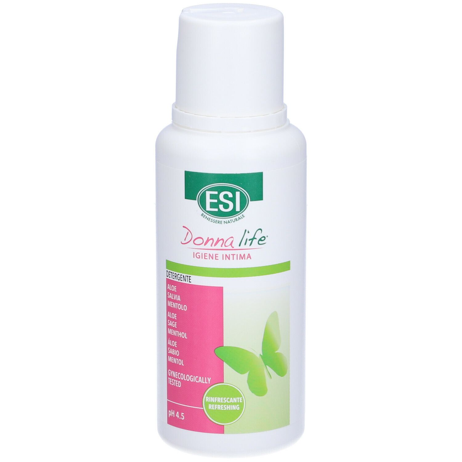 Flacone bianco con etichetta verde e rosa. ESI Donna Life, Igiene Intima, pH 4.5. Motivo farfalla.