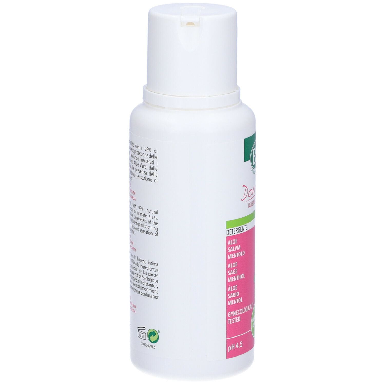 Flacone bianco con testo laterale. ESI Donna Life, Igiene Intima. Ingredienti e pH 4.5.