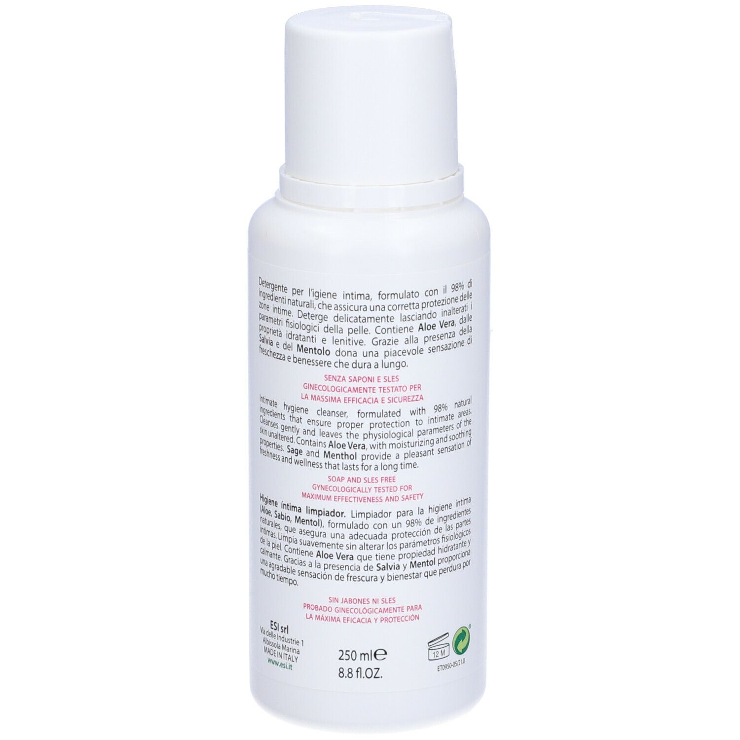 Flacone bianco con testo. ESI Donna Life, Igiene Intima. Ingredienti, pH 4.5, 250 ml. Dermatologicamente testato.