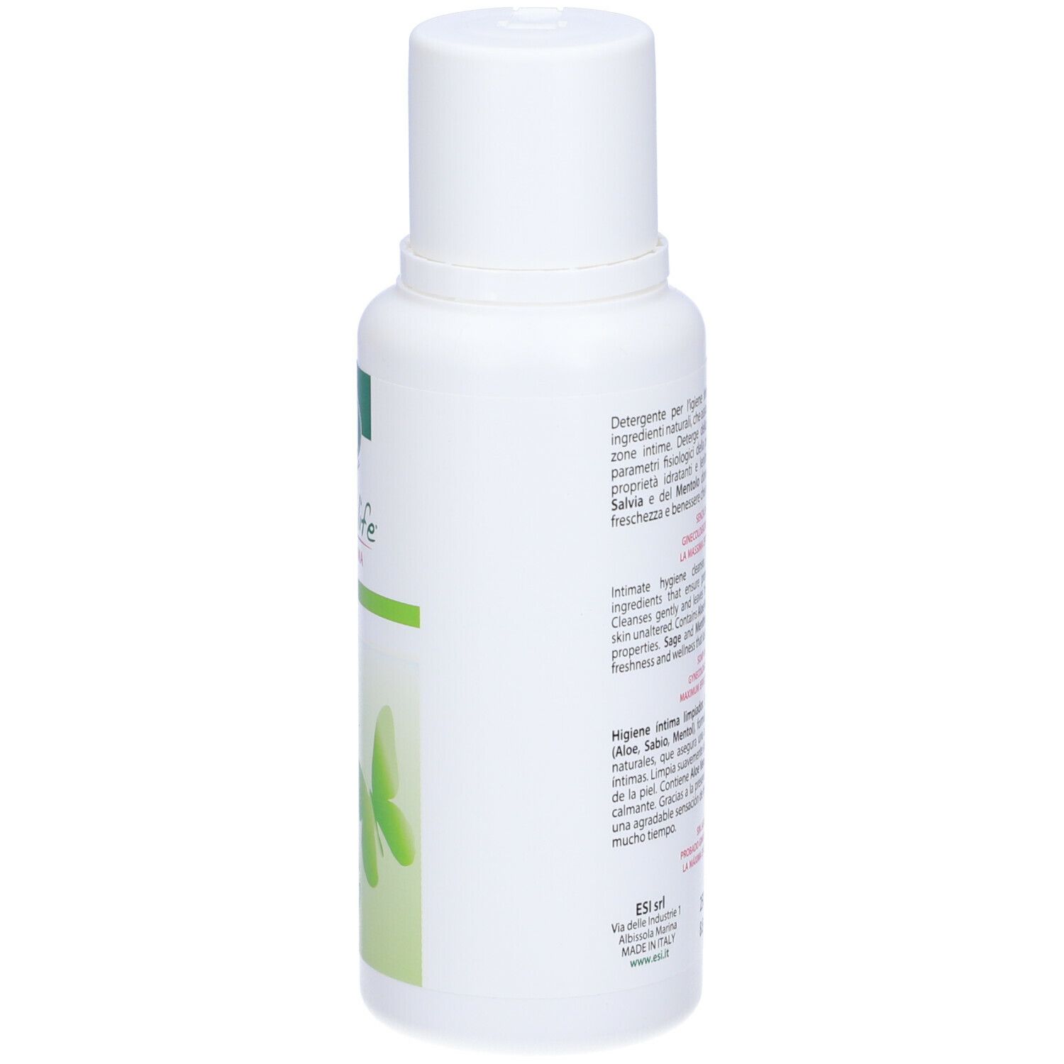 Flacone bianco con testo. ESI Donna Life, Igiene Intima. Ingredienti, pH 4.5. Motivo farfalla.