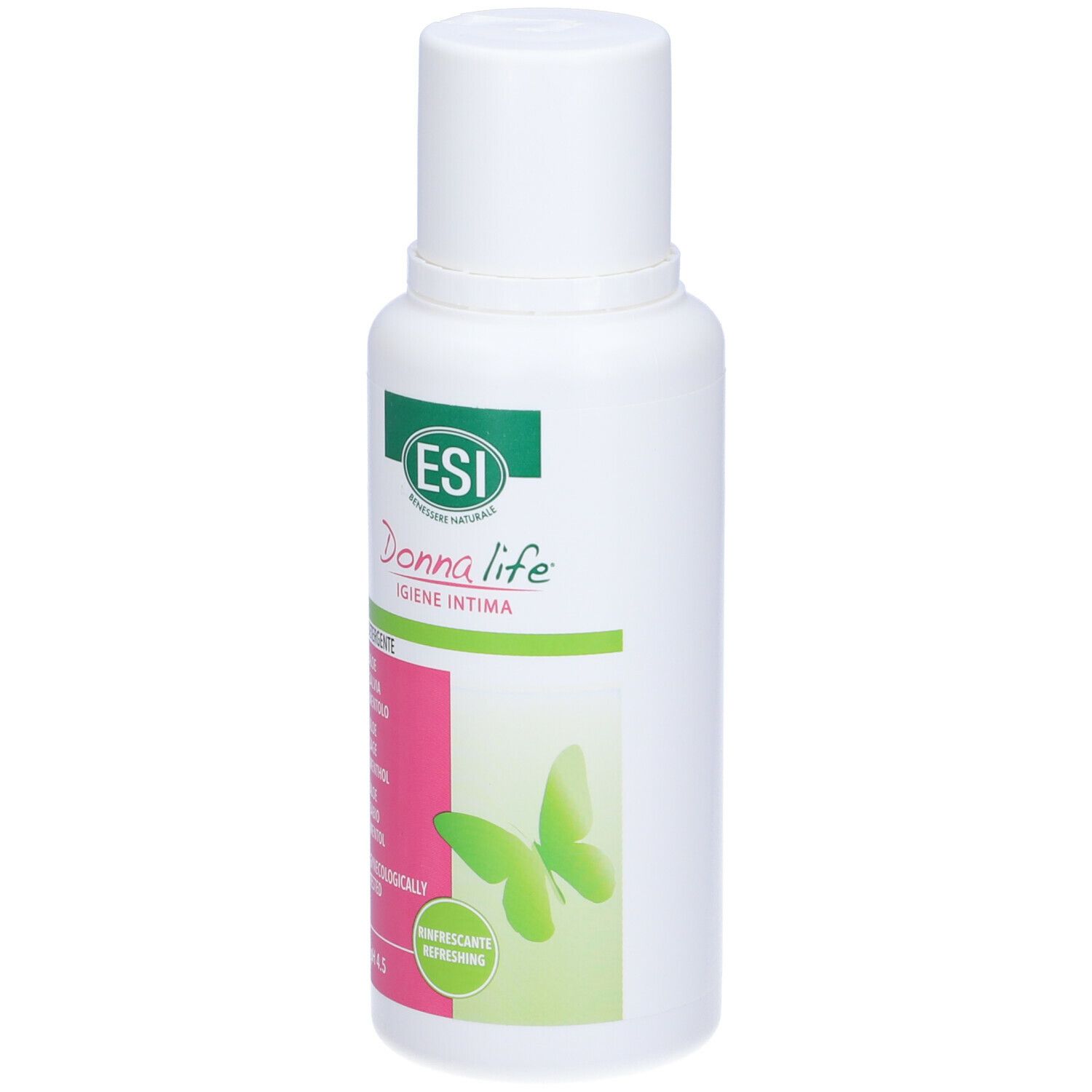 Flacone bianco con etichetta verde e rosa. ESI Donna Life, Igiene Intima, pH 4.5. Motivo farfalla.