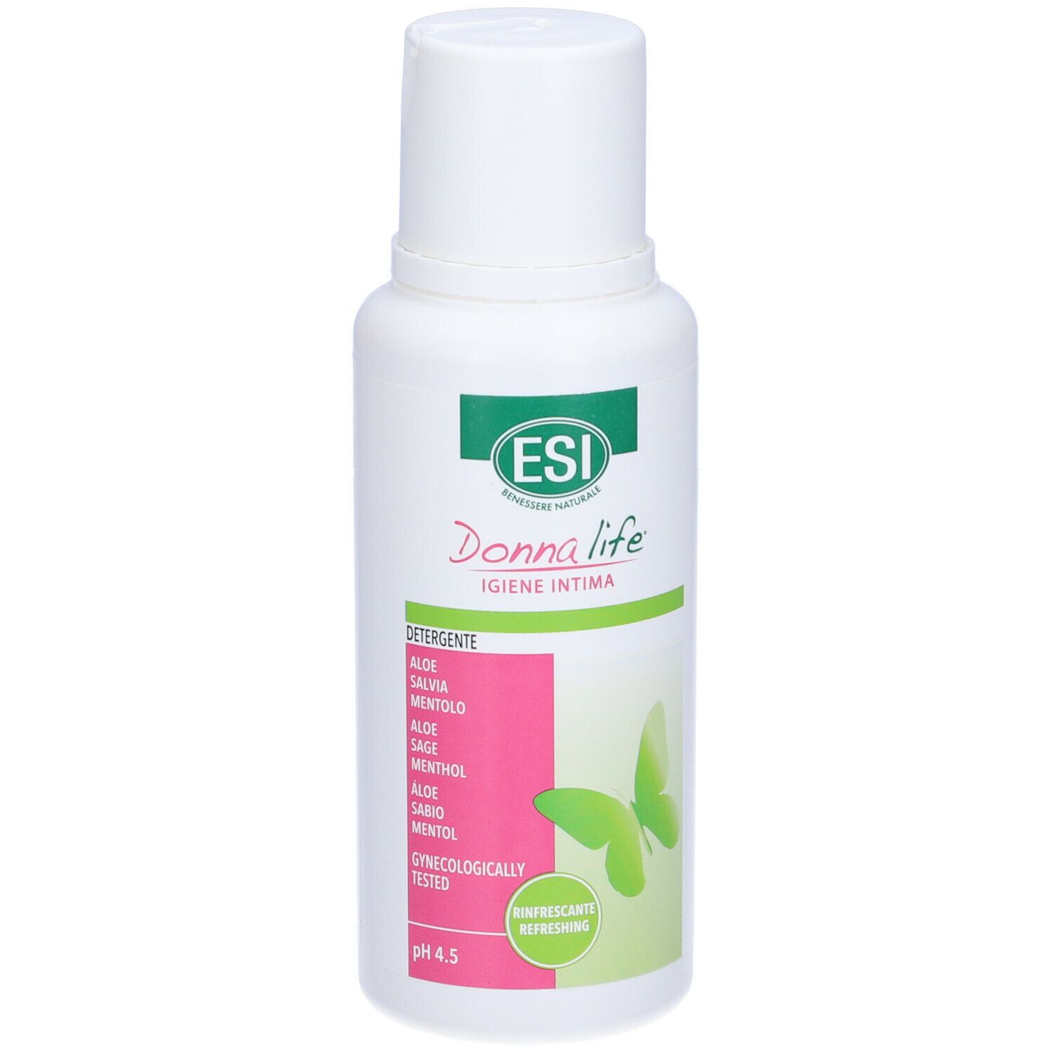 Flacone bianco con etichetta verde e rosa. ESI Donna Life, Igiene Intima, pH 4.5. Motivo farfalla.