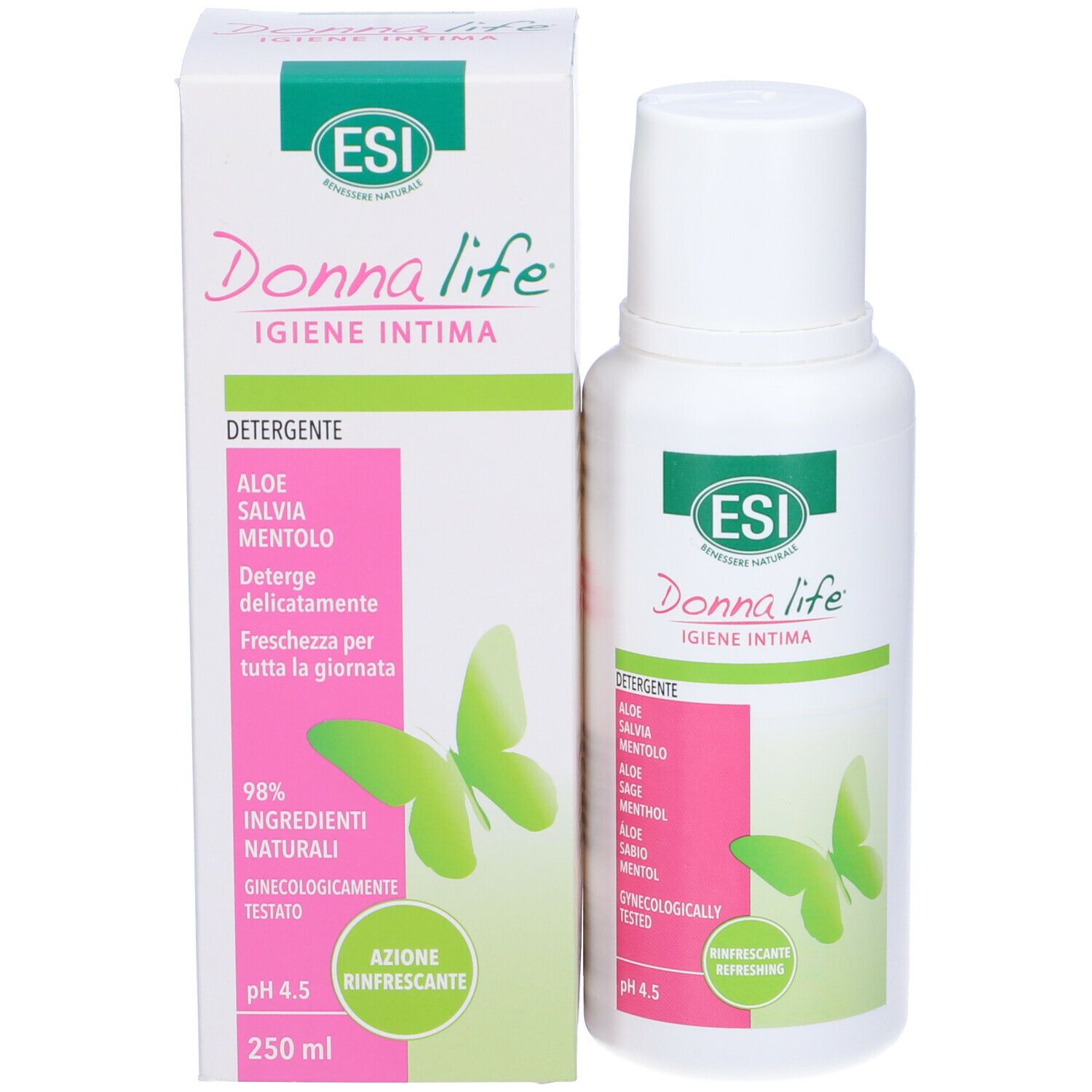 Confezione e flacone. ESI Donna Life, Igiene Intima, pH 4.5. Motivo farfalla. 250 ml.