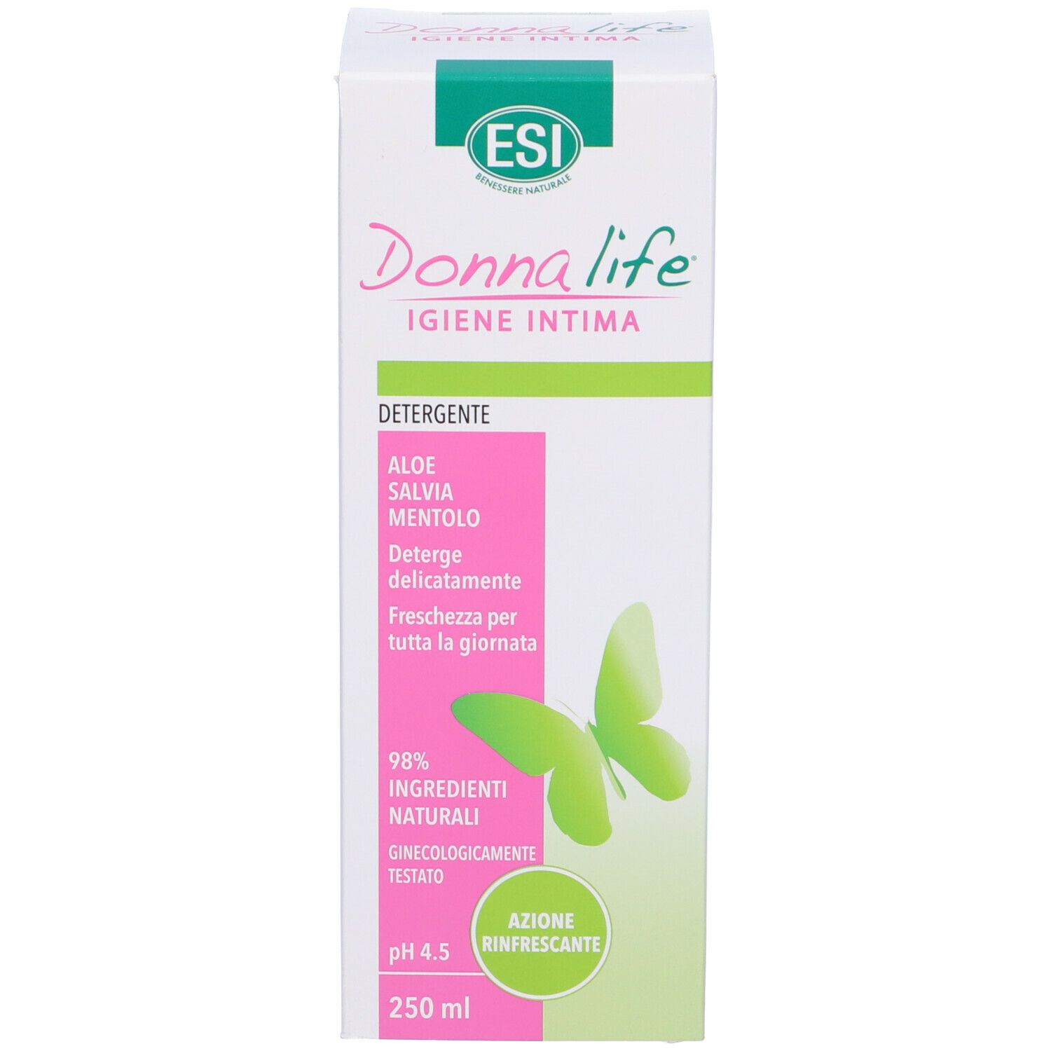 Confezione del prodotto. ESI Donna Life, Igiene Intima, pH 4.5. Motivo farfalla. 250 ml.