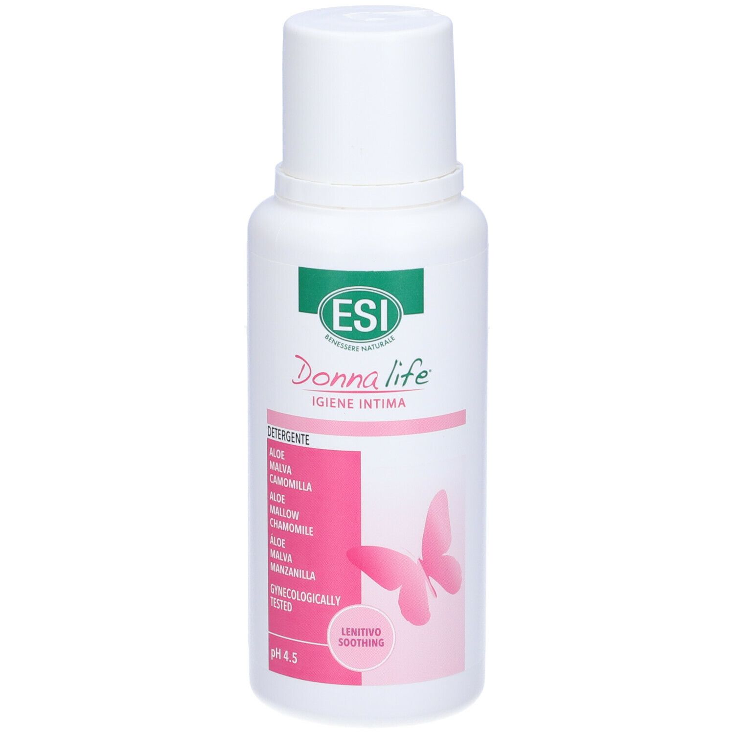 Flacone bianco con etichetta verde e rosa. Testo: ESI Donna life, Igien Intima, pH 4.5. Farfalla rosa.