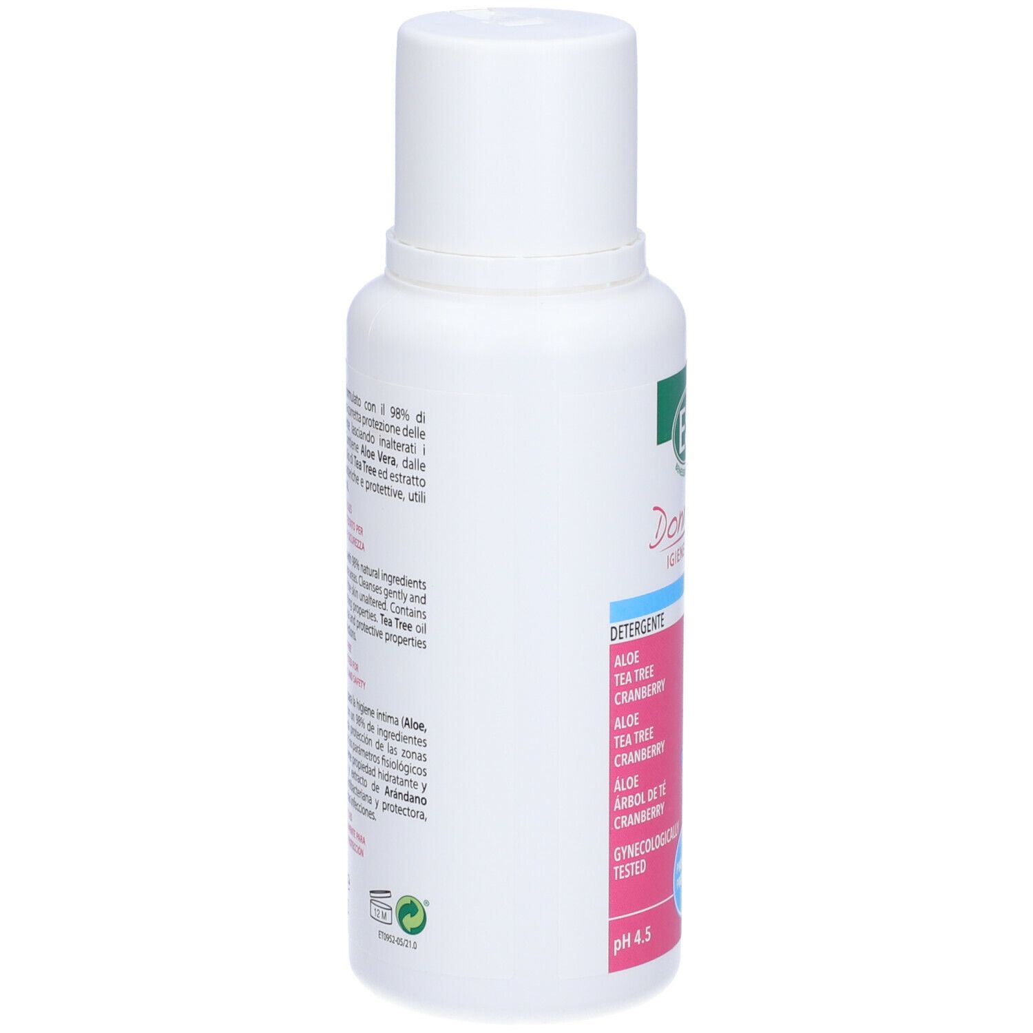 Flacone bianco ESI Donna Life. Retro con ingredienti e testo. Logo verde e pH 4,5. Ginecologicamente testato.