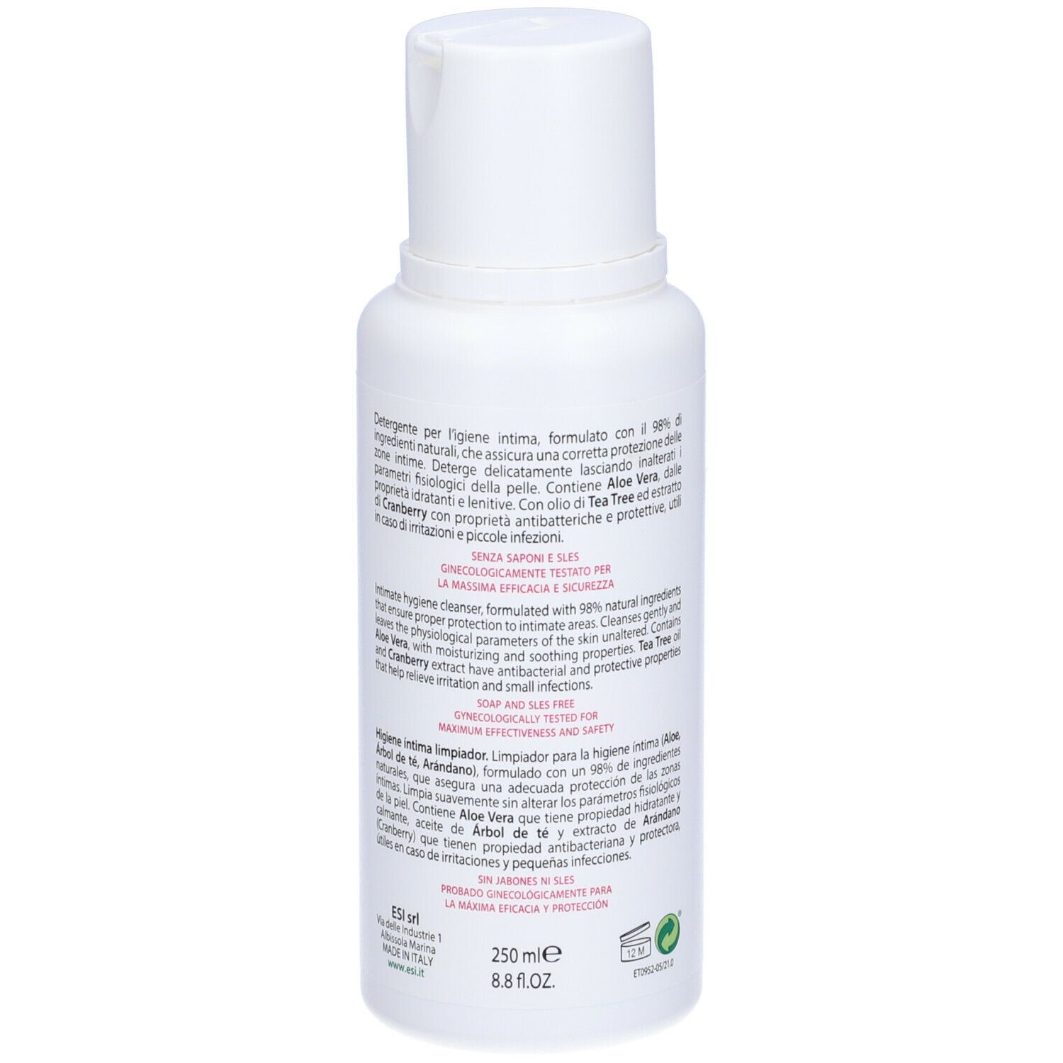 Flacone bianco ESI Donna Life. Retro con testo e ingredienti. pH 4,5. 250 ml. Ginecologicamente testato.