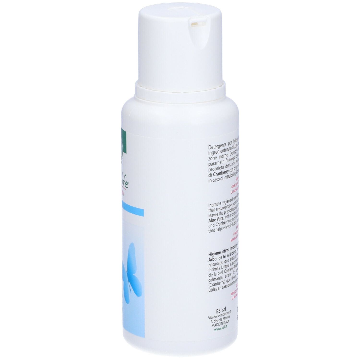 Flacone bianco ESI Donna Life. Lato con testo e farfalla. pH 4,5. Ginecologicamente testato.