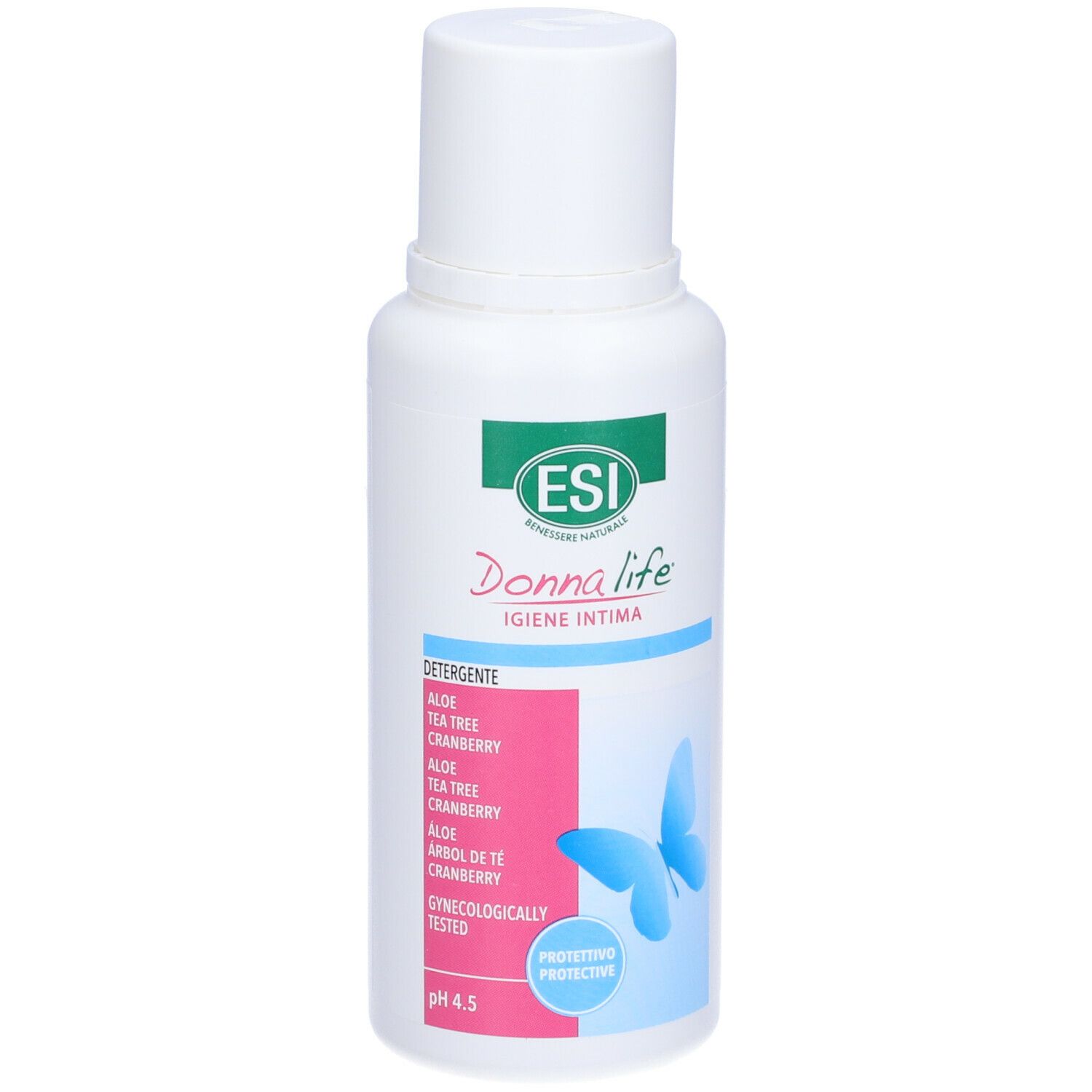 Flacone bianco ESI Donna Life. Etichette rosa e blu con ingredienti e farfalla. pH 4,5.