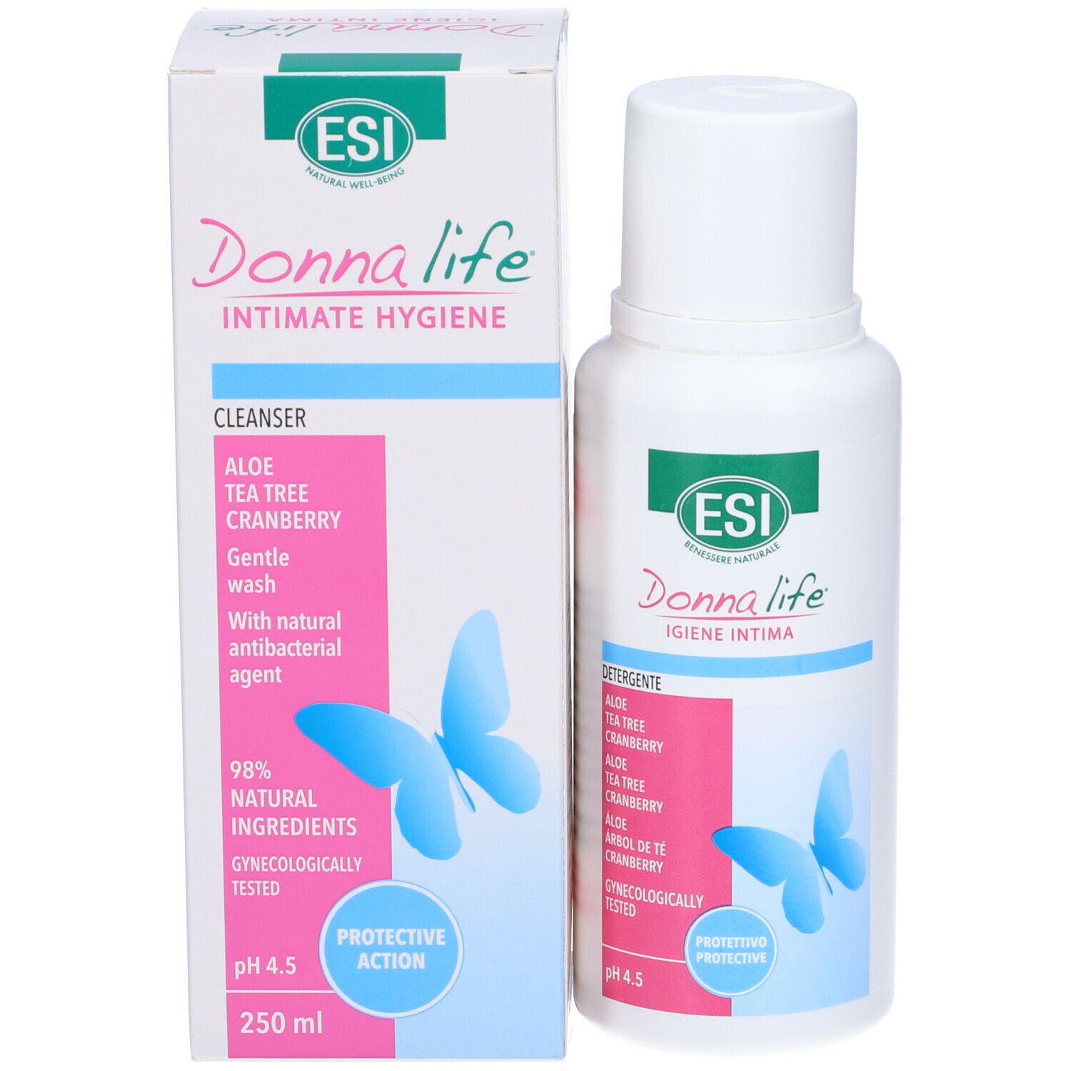 Flacone e confezione ESI Donna Life. Etichette rosa e blu con ingredienti e farfalla. pH 4,5.