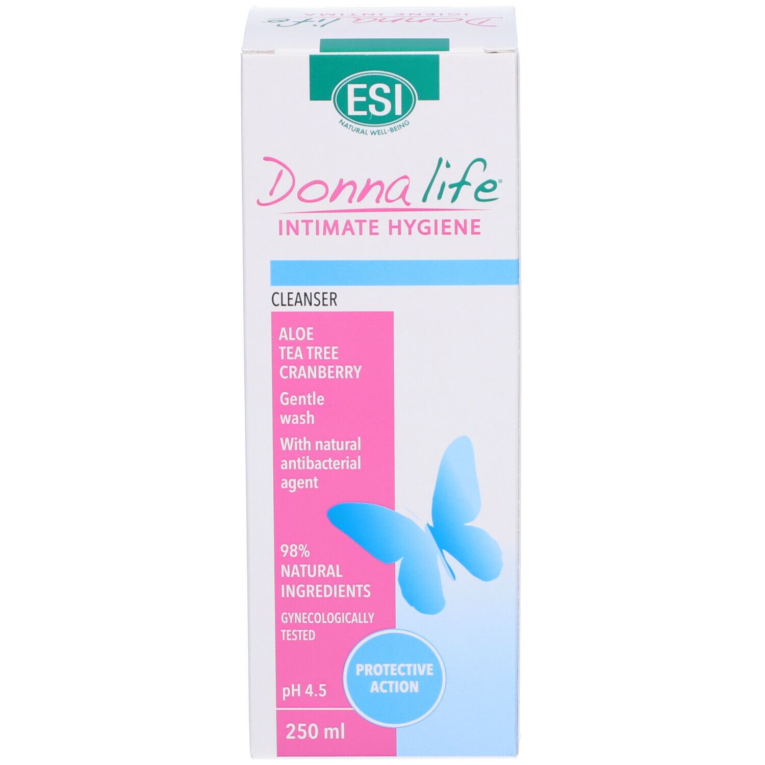 Confezione ESI Donna Life. Etichette rosa e blu con ingredienti e farfalla. pH 4,5. 250 ml.