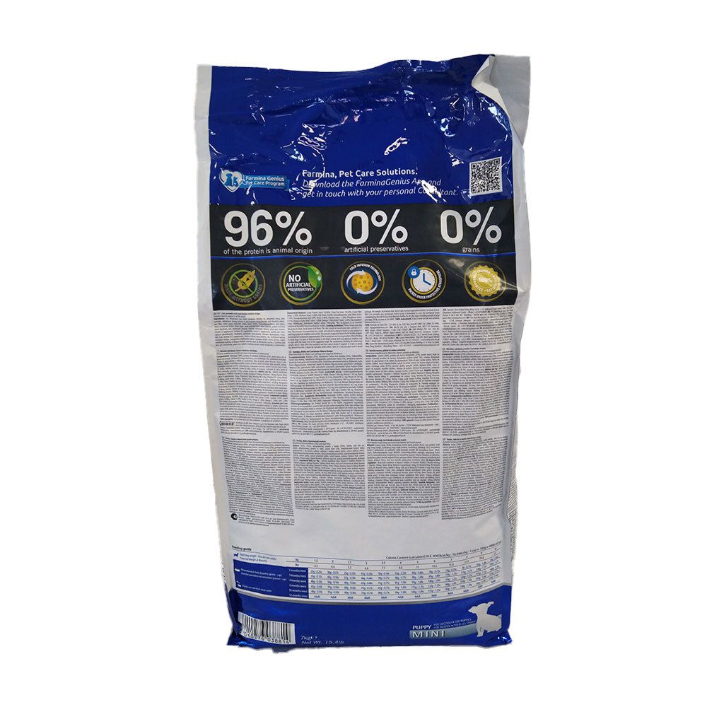 Rückseite des Farmina N&D Ocean Hundewelpen Mini Beutels. Text, Logos und Nährwertangaben. Weißer Hintergrund.