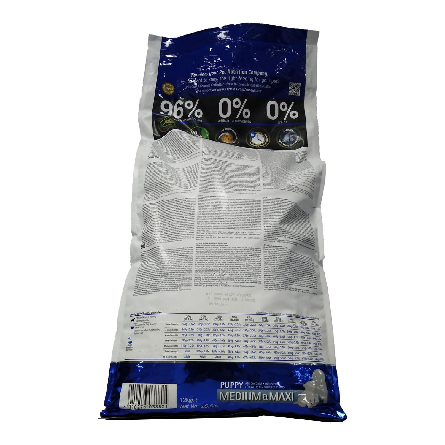 Retro del sacchetto di cibo per cuccioli Farmina N&D Medium & Maxi. Informazioni testuali e tabella nutrizionale.