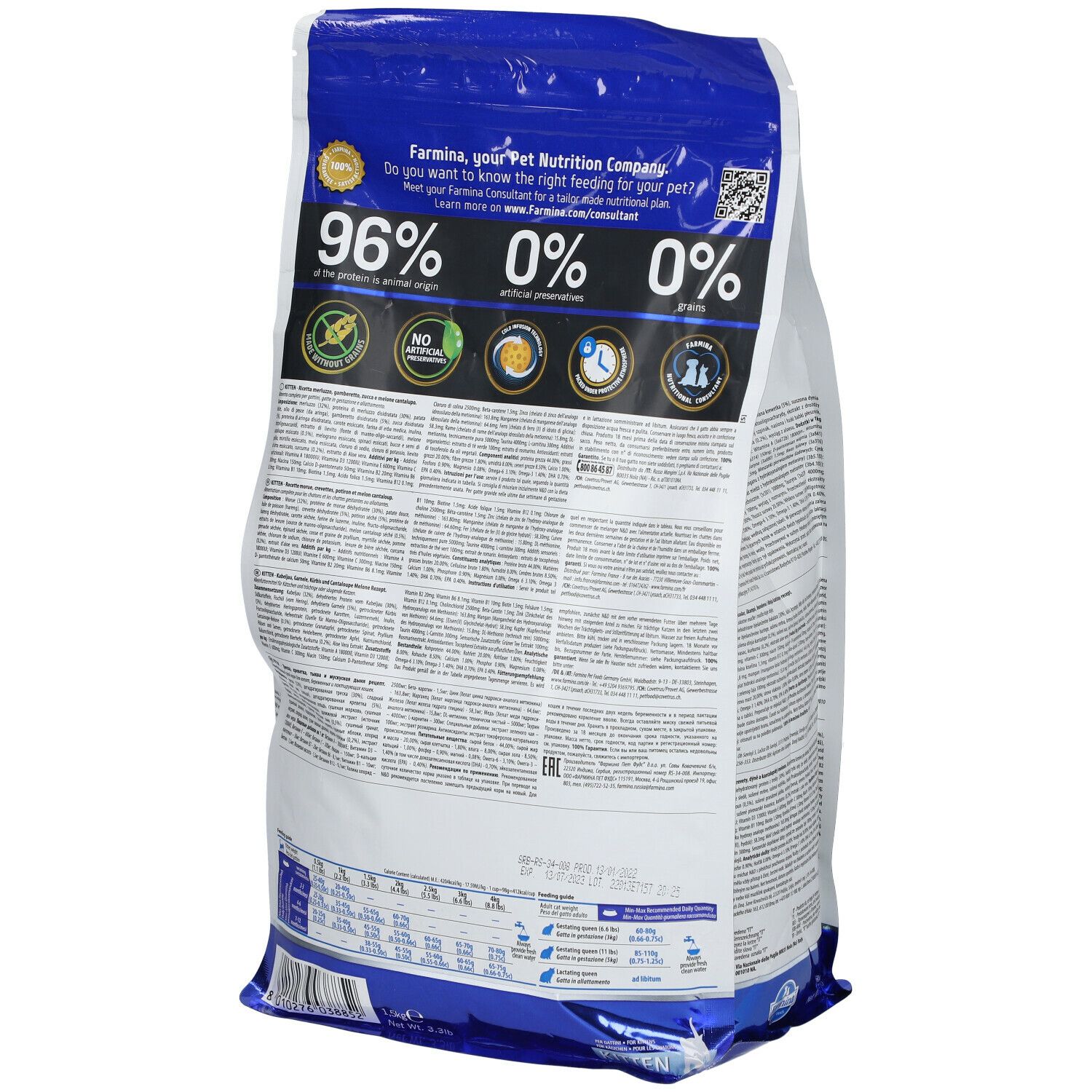 Retro della confezione Farmina N&D Ocean Kitten. Testo: 96% origine animale, 0% cereali. Loghi e testo.
