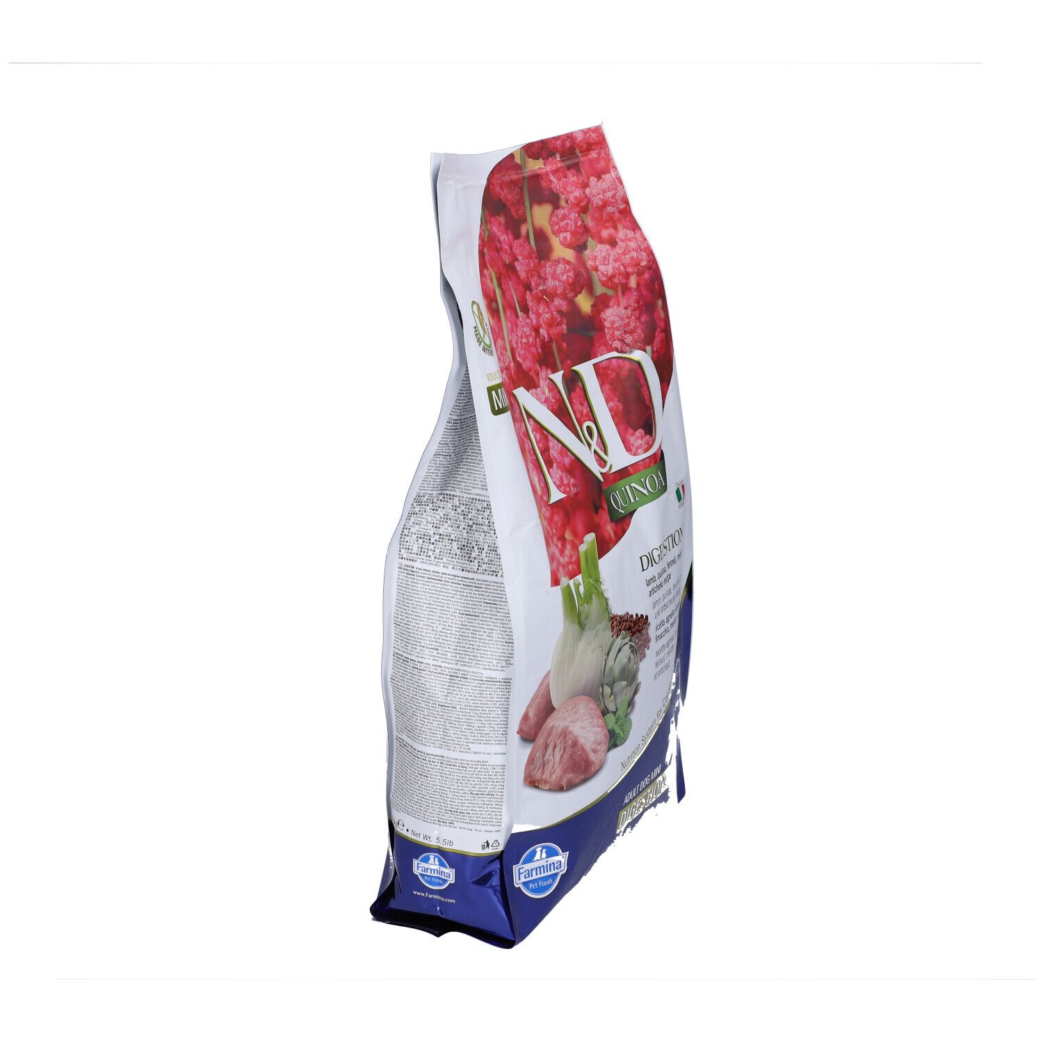 Trockenfutter-Verpackung, seitliche Ansicht. Aufdruck: N&D Quinoa Digestion. Abbildung: Lamm, Fenchel, Artischocke. Italienische Flagge.